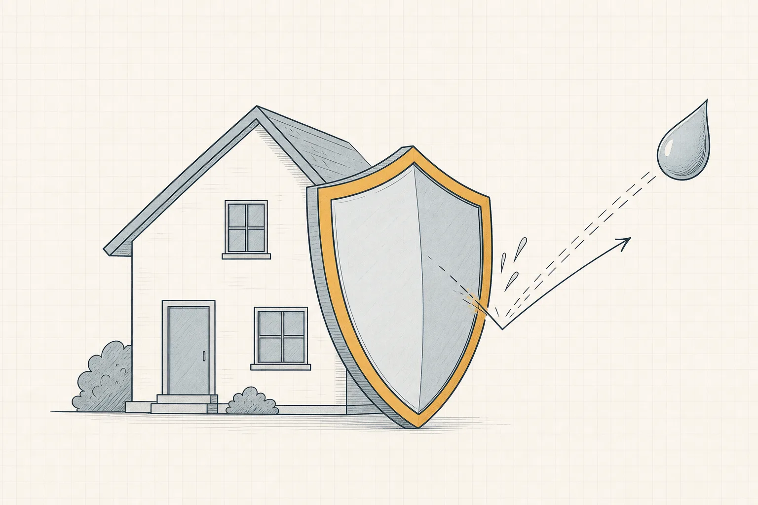 Line illustration of a house silhouette protected by a shield with a water droplet bouncing off it.