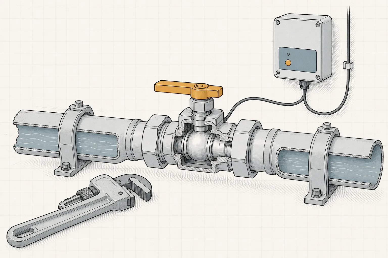 Line illustration of a plumber's wrench and an inline smart shutoff valve being installed on a main water pipe.