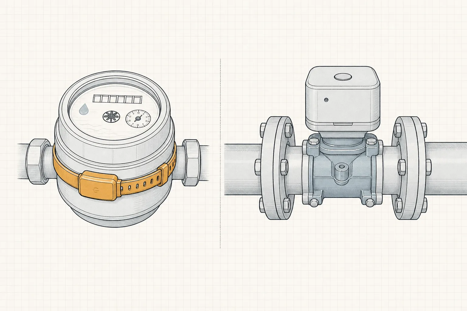 Line illustration comparing a strap-on sensor wrapped around a water meter dial with an inline smart valve installed in a cut section of main pipe.