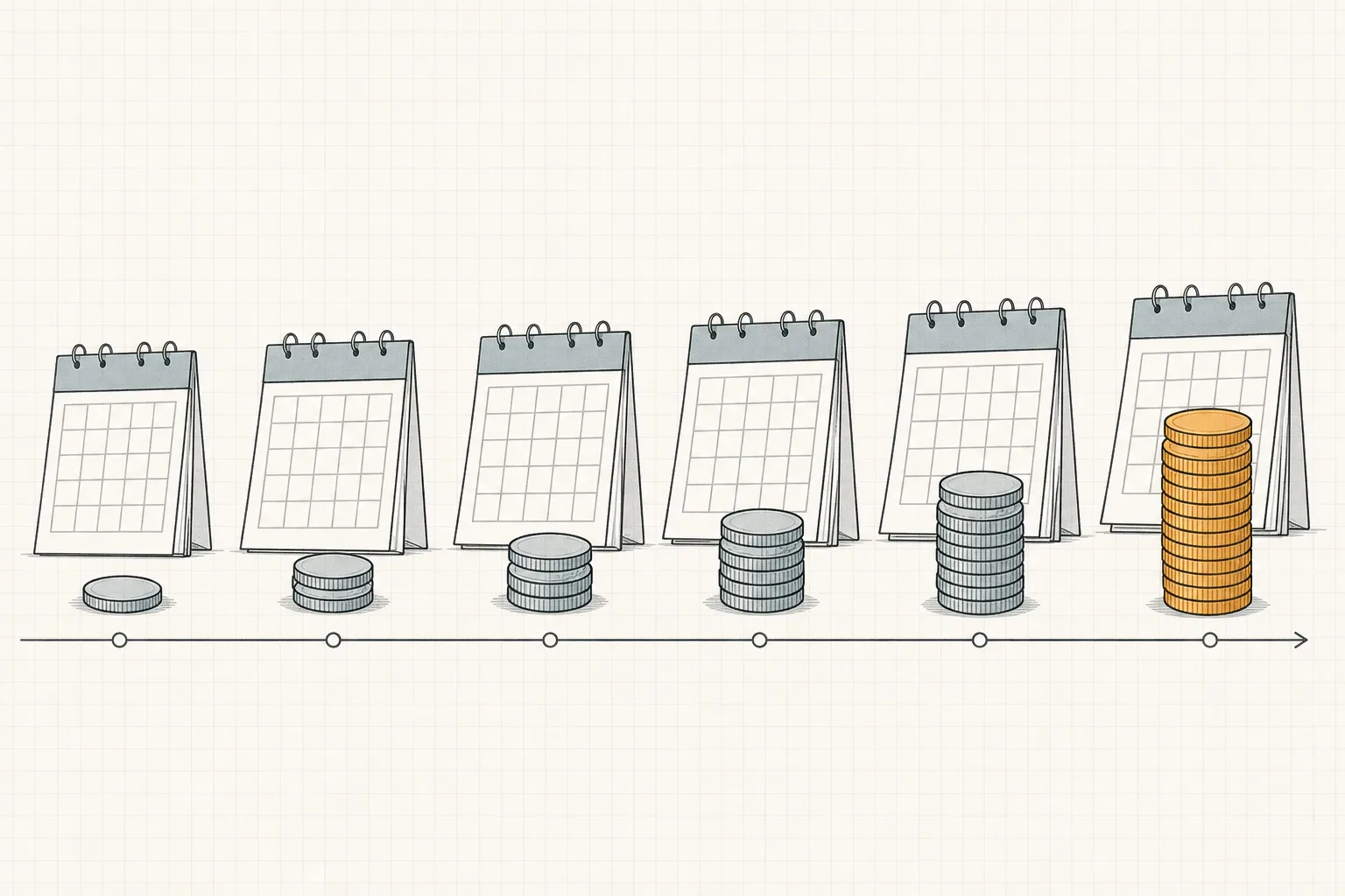 Line illustration of a timeline of calendar pages with a growing stack of coins, suggesting recurring subscription costs over time.