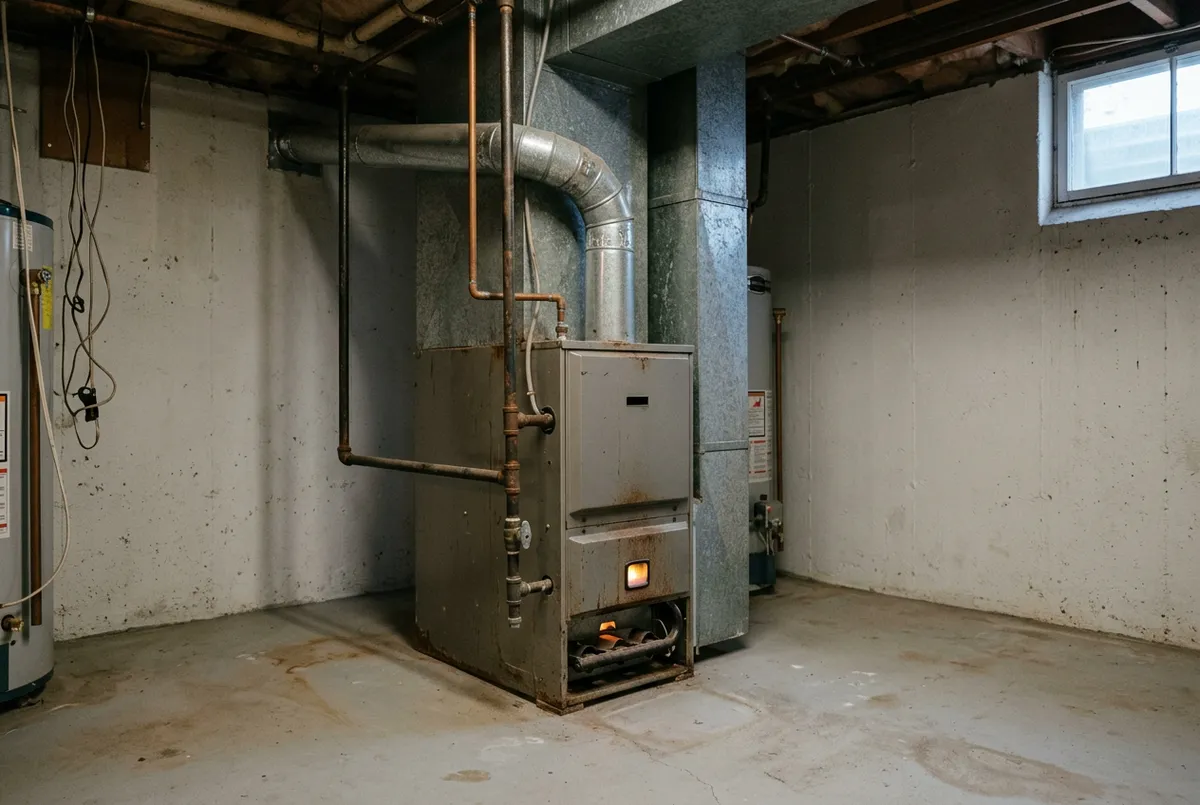 A residential gas furnace in a clean basement utility room with a warm indicator glow.