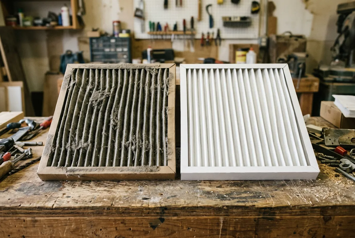 Two pleated furnace filters side by side on a workbench, one heavily dust-laden and one clean.