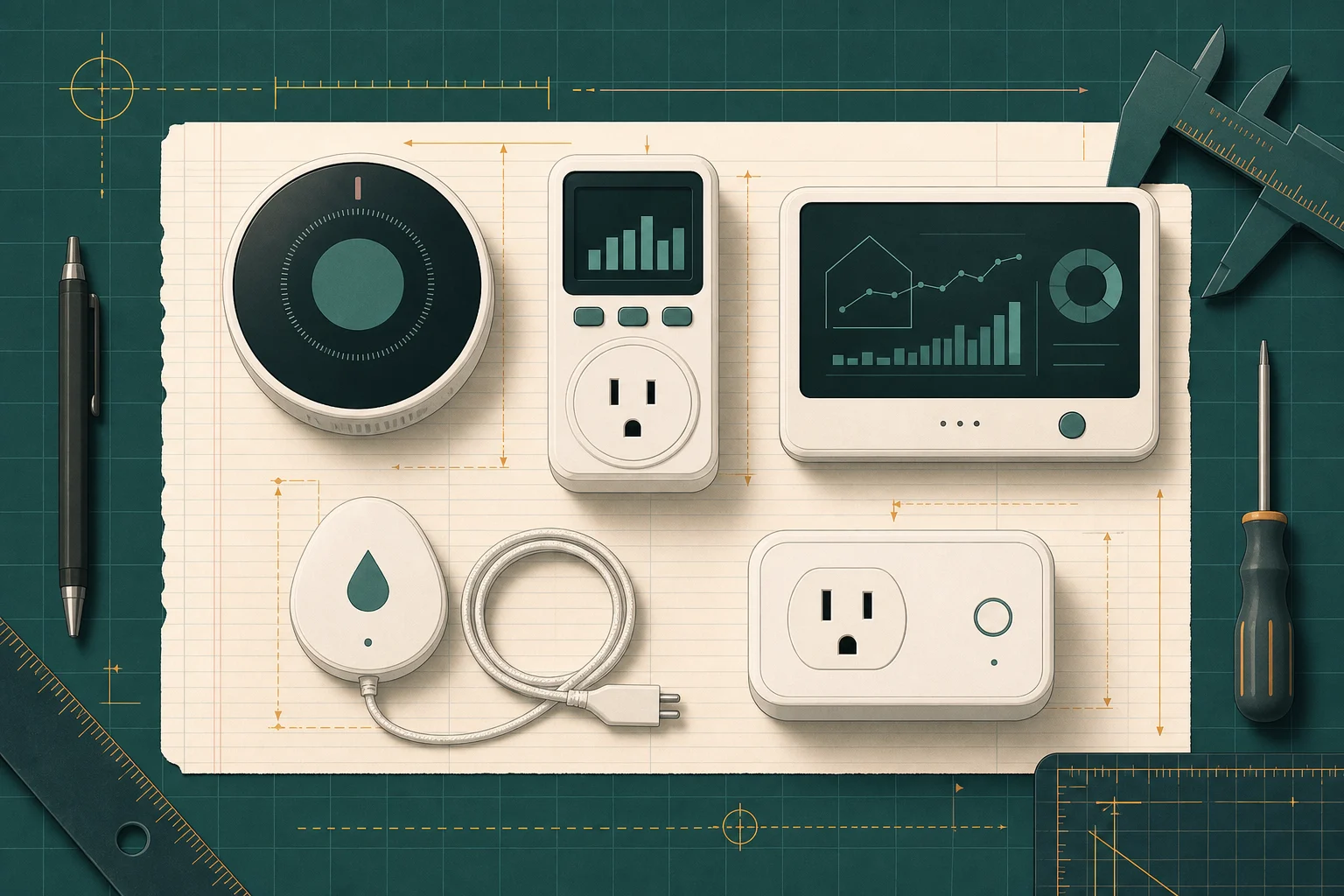 An organized workbench with a smart thermostat, plug-in power meter, whole-home energy monitor, smart plug, and a water leak sensor.