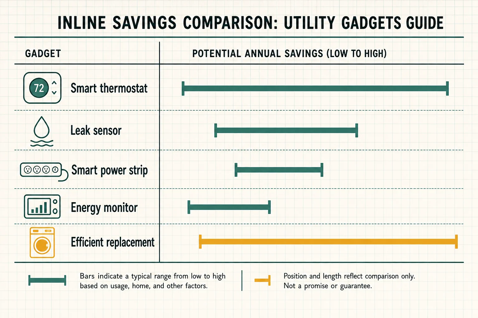 Comparison graphic for smart thermostats, leak sensors, smart power strips, energy monitors, and efficient replacement products.