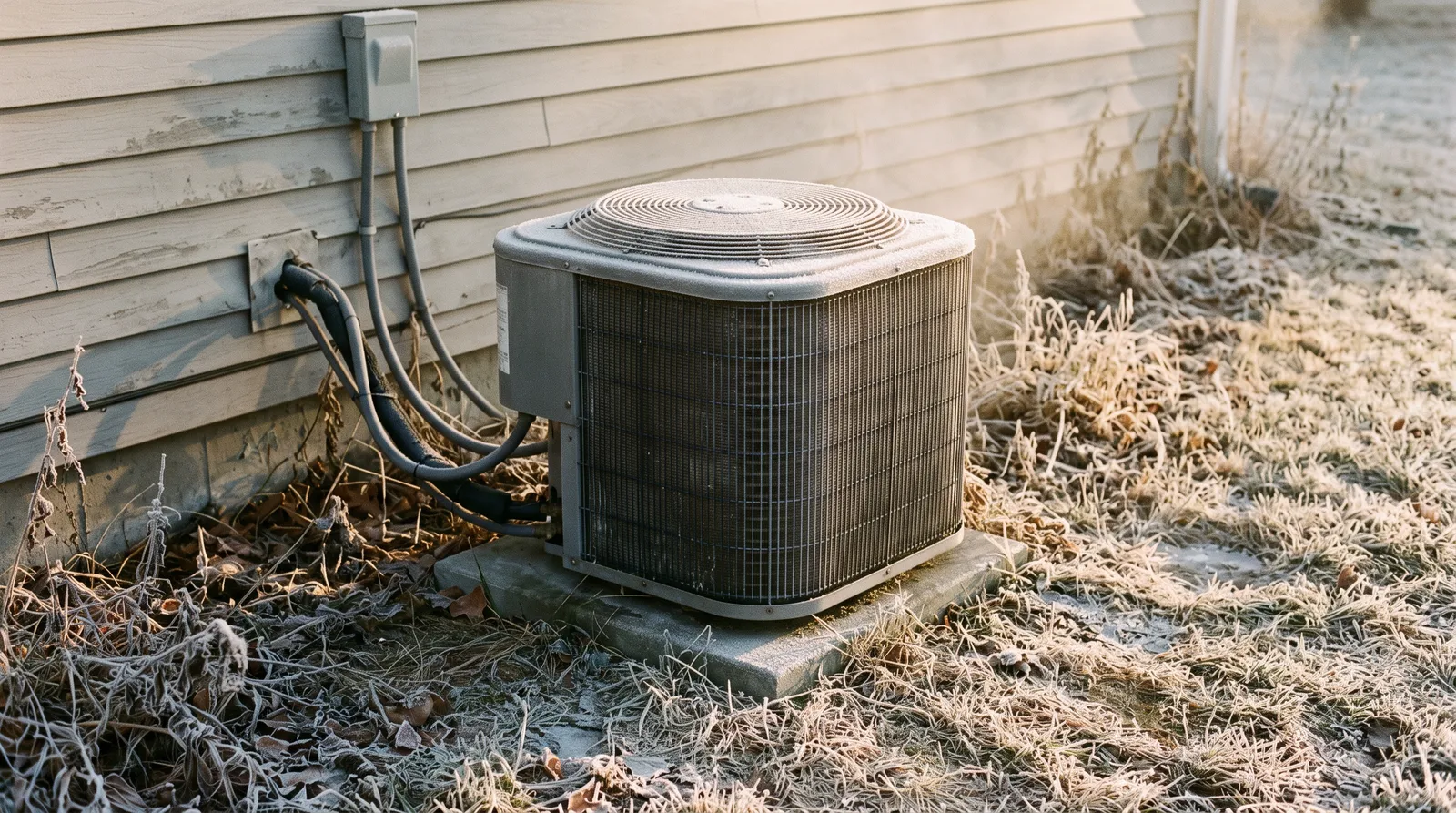 An outdoor heat pump unit beside a house on a frosty cold morning with light frost on its grille.