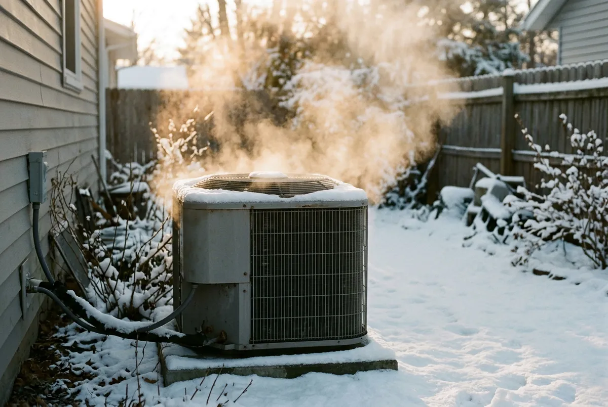 Steam rising from an outdoor heat pump condenser during a defrost cycle in a snowy backyard.