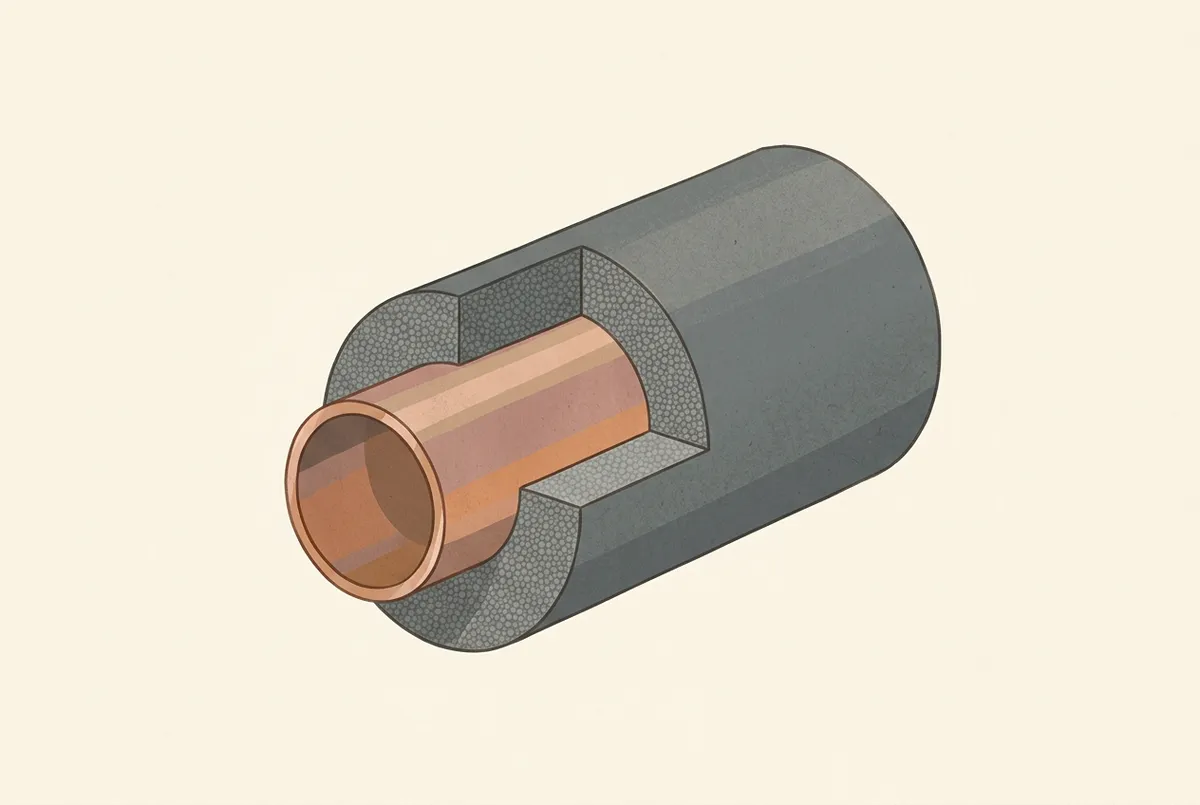 Cross-section diagram of closed-cell foam tubular insulation around a copper pipe showing the wall thickness.