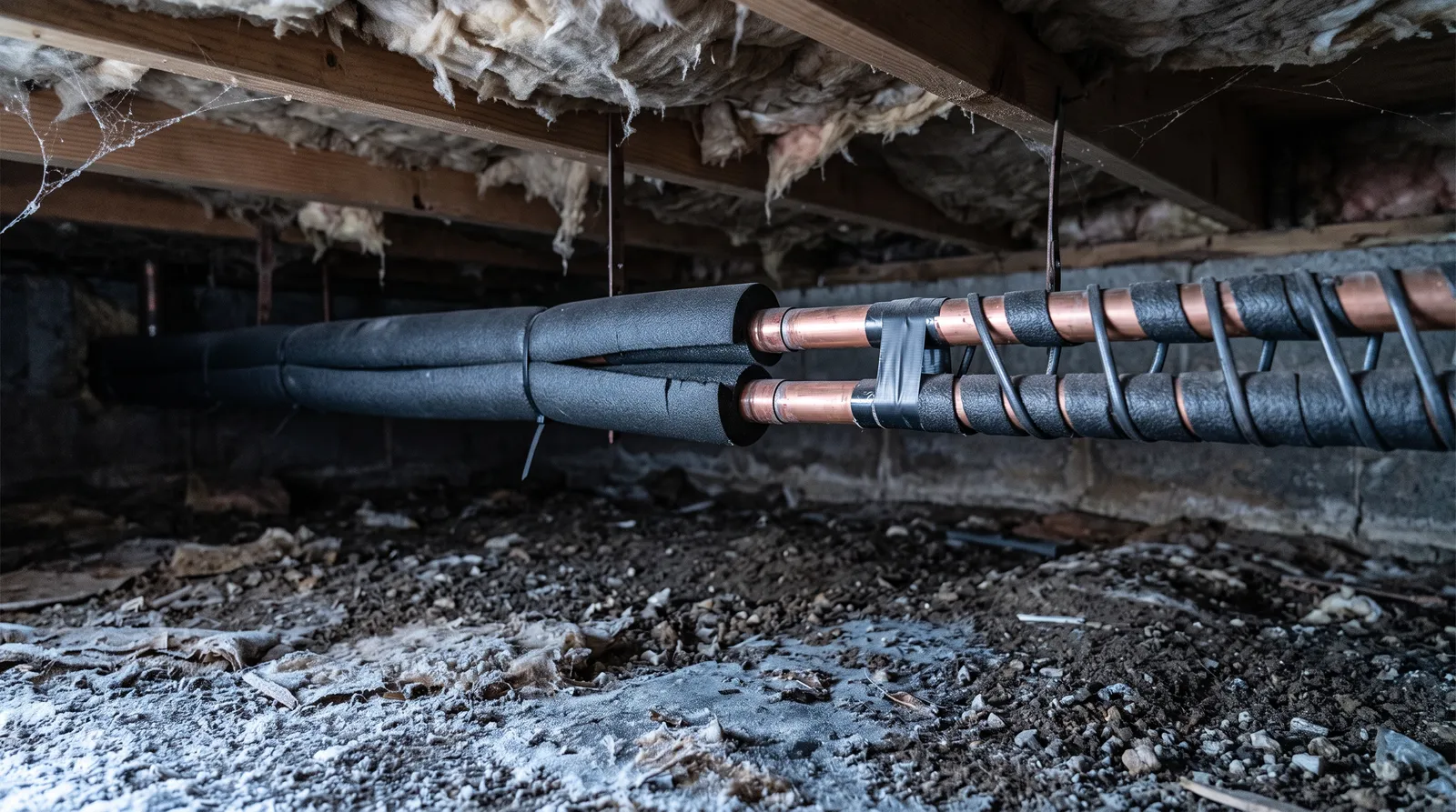 Two copper pipes side by side in a crawl space — one wrapped in black foam insulation, one wrapped in electric heat cable.