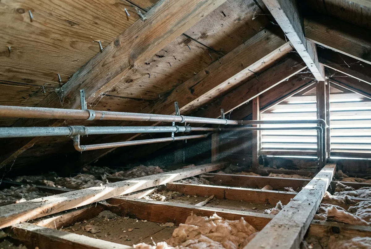 Exposed water pipes running along a frosty attic crawl space with cold morning light.