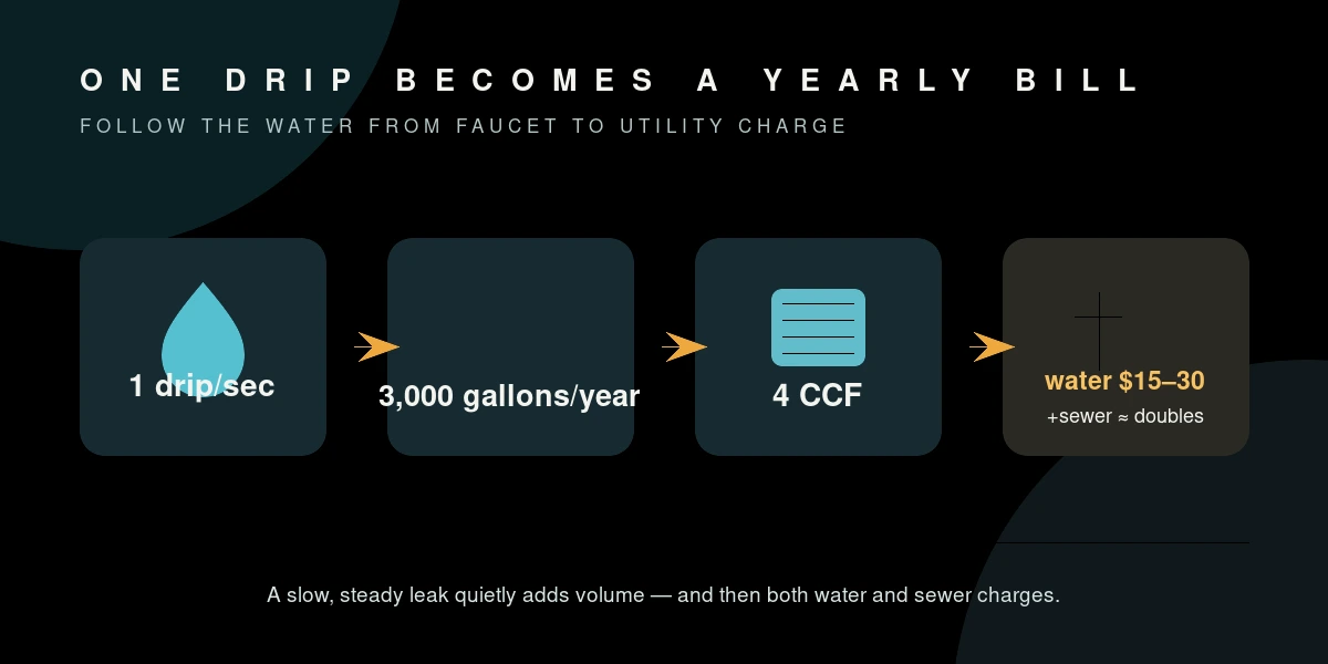 Infographic showing 1 drip per second leading to 3,000 gallons per year, which equals 4 CCF units on a water bill.