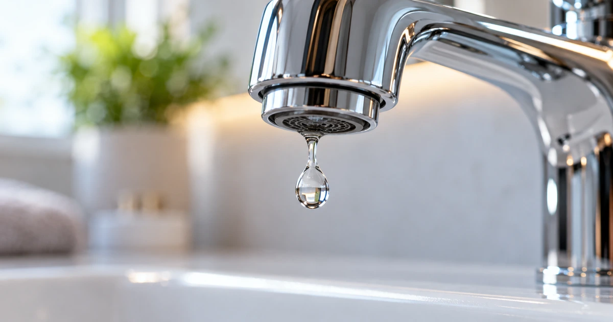 A close-up, high-shutter-speed photograph of a single water droplet suspended just below a chrome faucet spout, with a blurred bathroom background.