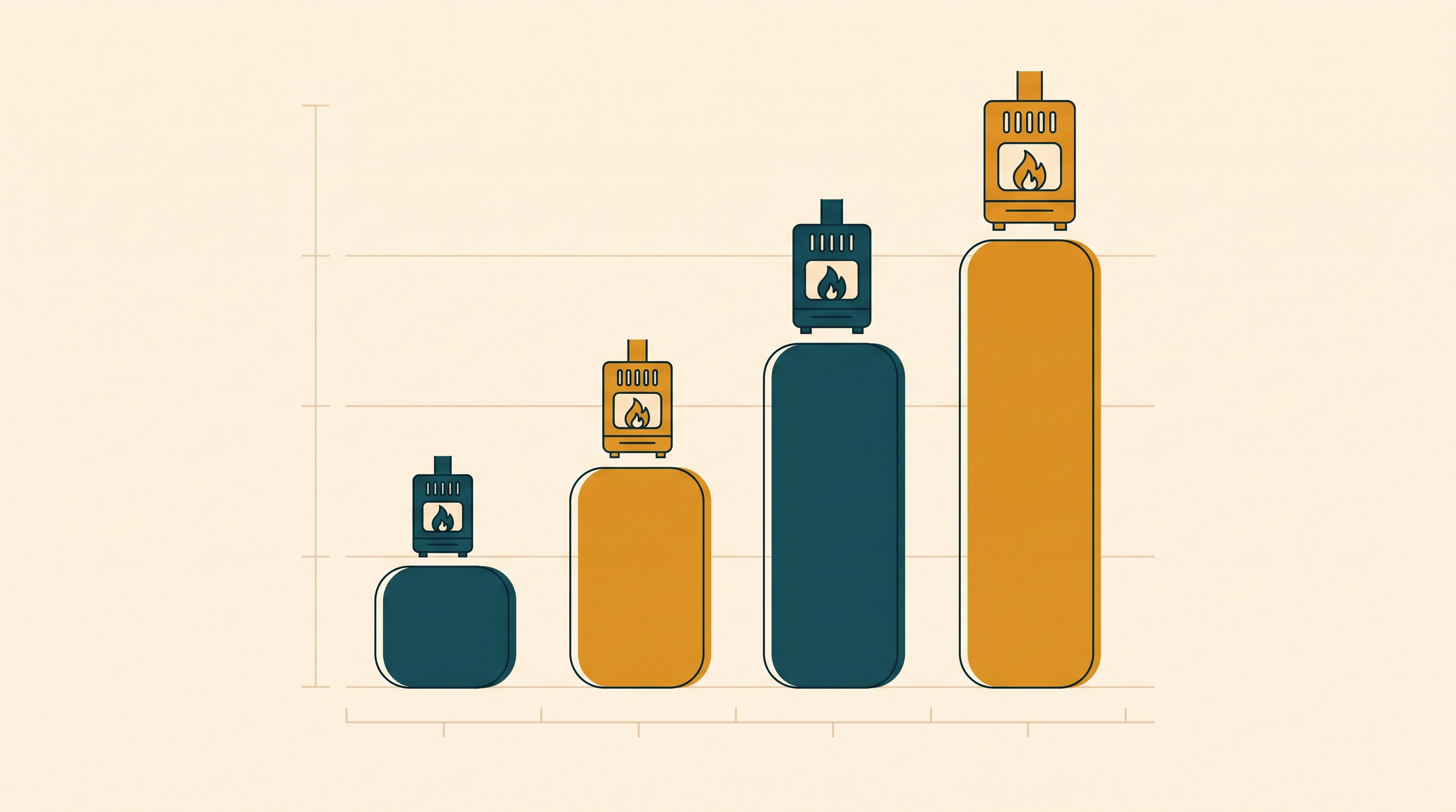 Abstract bar chart of four furnaces of increasing size with rising bars — cost per run-hour grows with input rating.