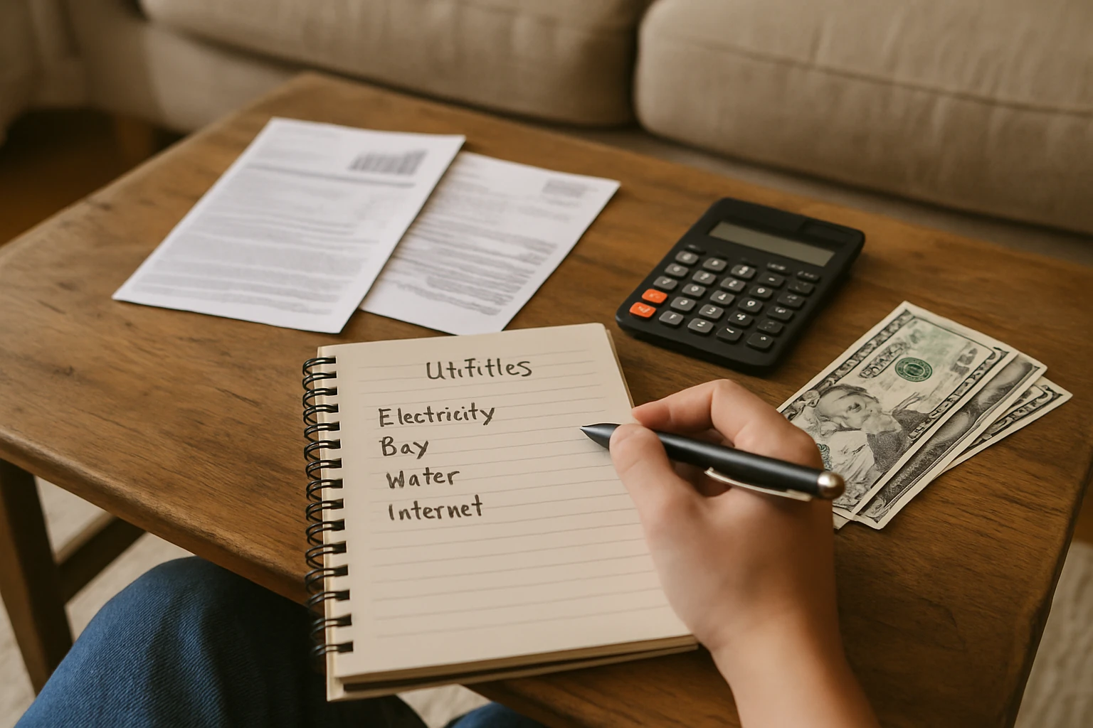 Bills and budgeting notes on a desk
