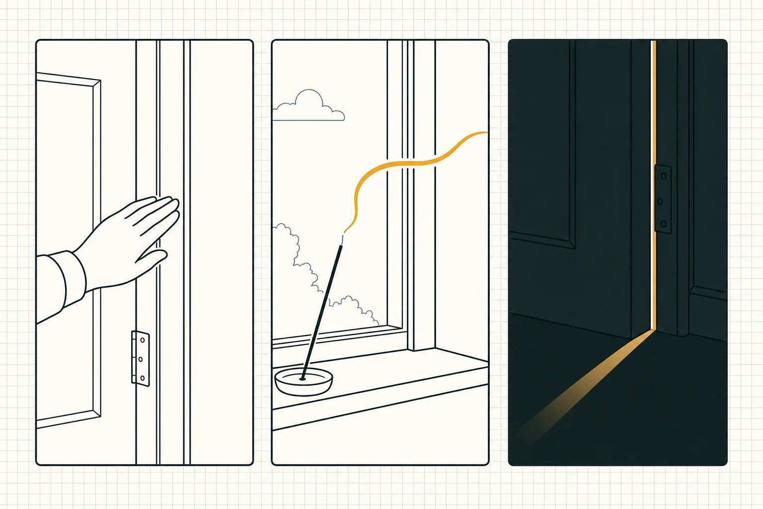 The three draft-detection instruments: a slow palm sweep along a frame, a smoke pencil stream bending at a leak, and the night flashlight test through a door edge.