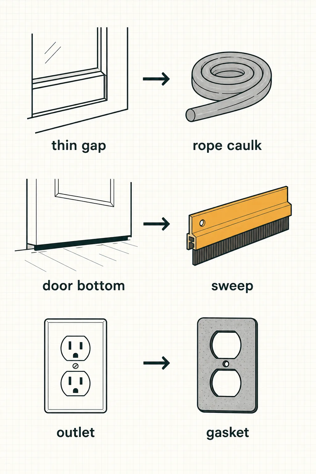 Three gap types matched to their sealing products: thin sash gaps to rope caulk, door bottoms to adhesive sweeps, and outlets to foam gaskets.