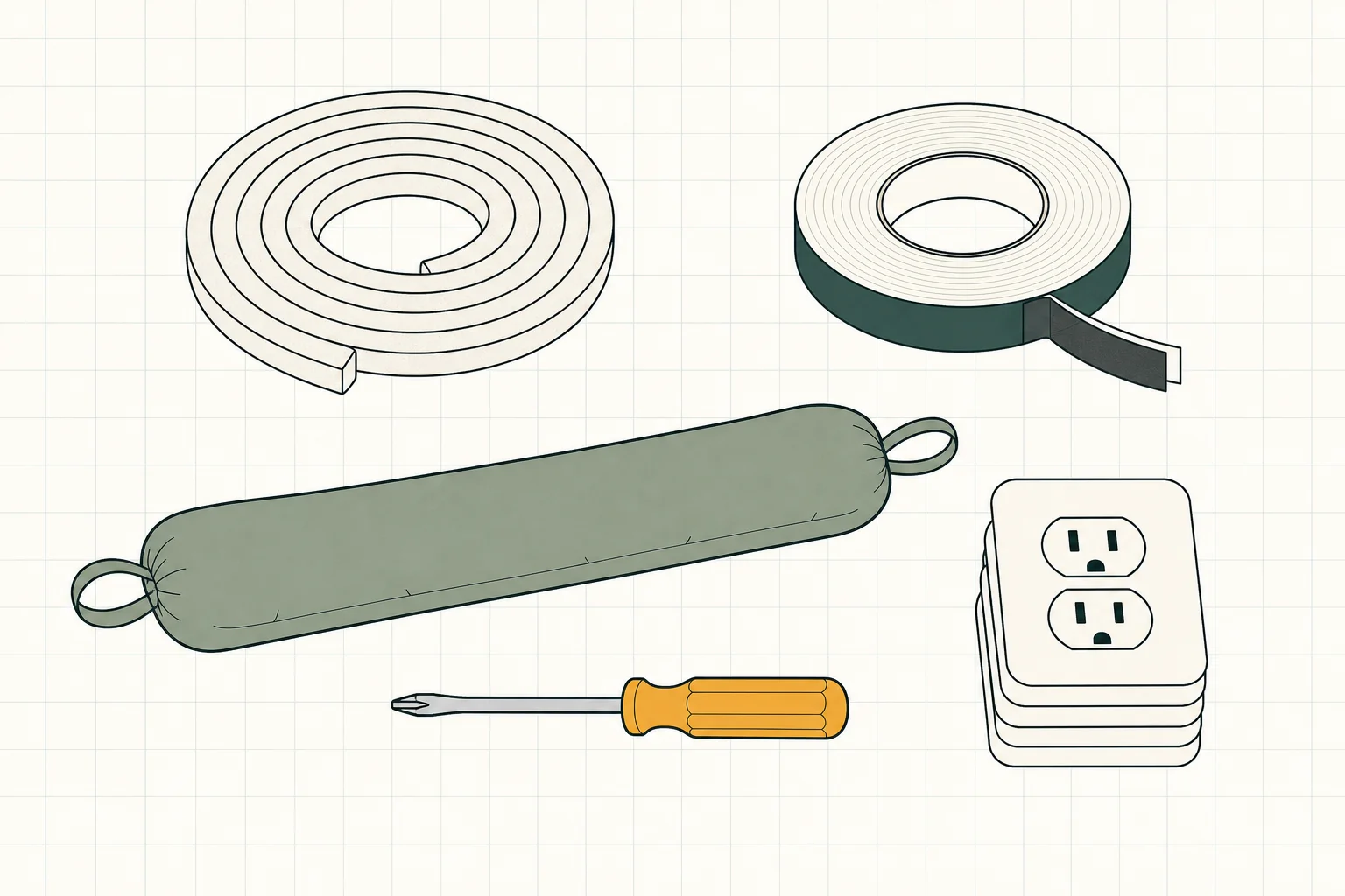 The four reversible renter fixes laid out together: rope caulk, V-strip weatherstripping, a weighted door stopper, and foam outlet gaskets.