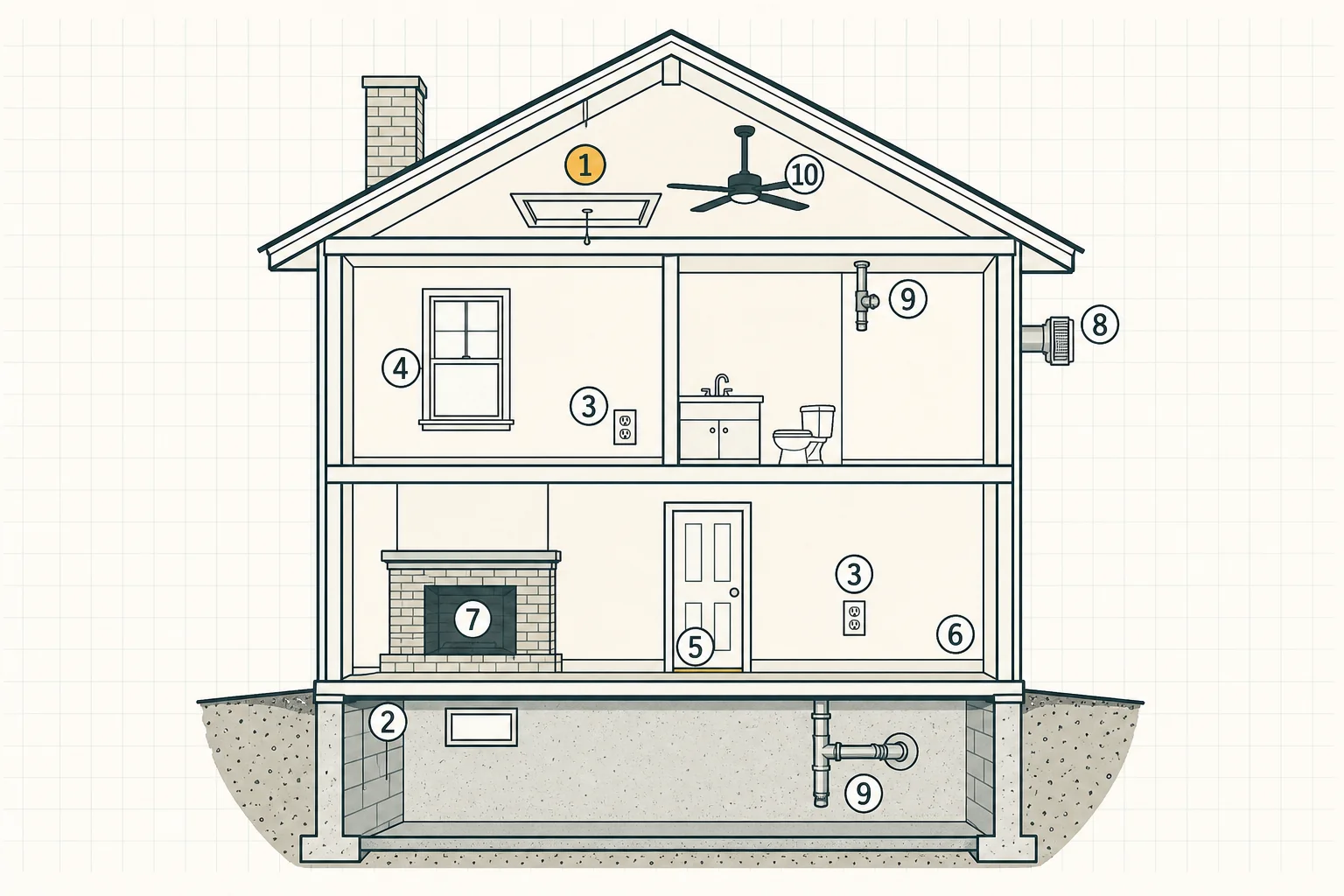 Two-story house cross-section with ten numbered leak points from the attic hatch down to the rim joist, outlets, windows, doors, fireplace, and vents.