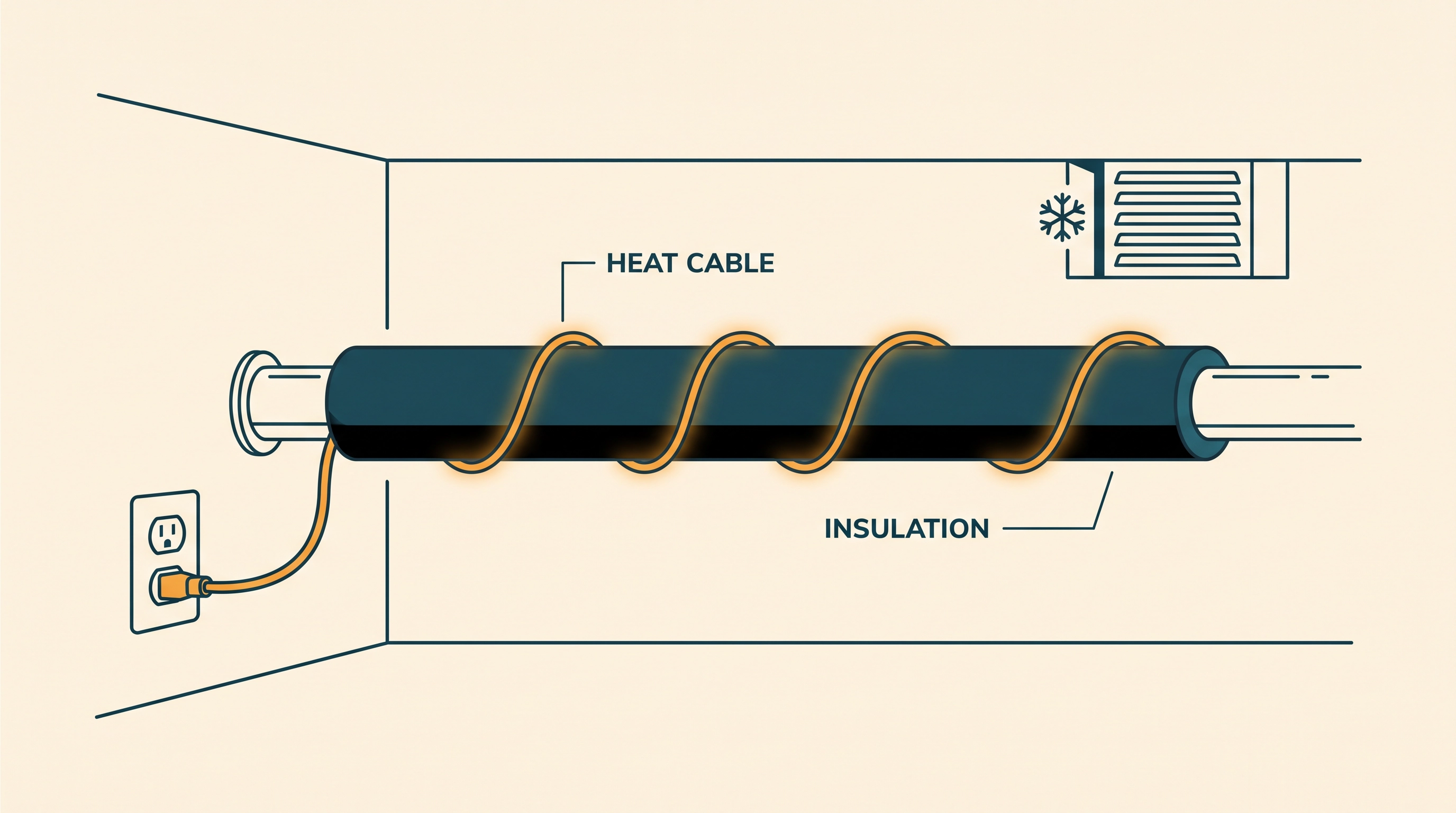A crawl-space pipe wrapped in foam insulation with a self-regulating heat cable spiraled along its length, plugged into a grounded outlet.
