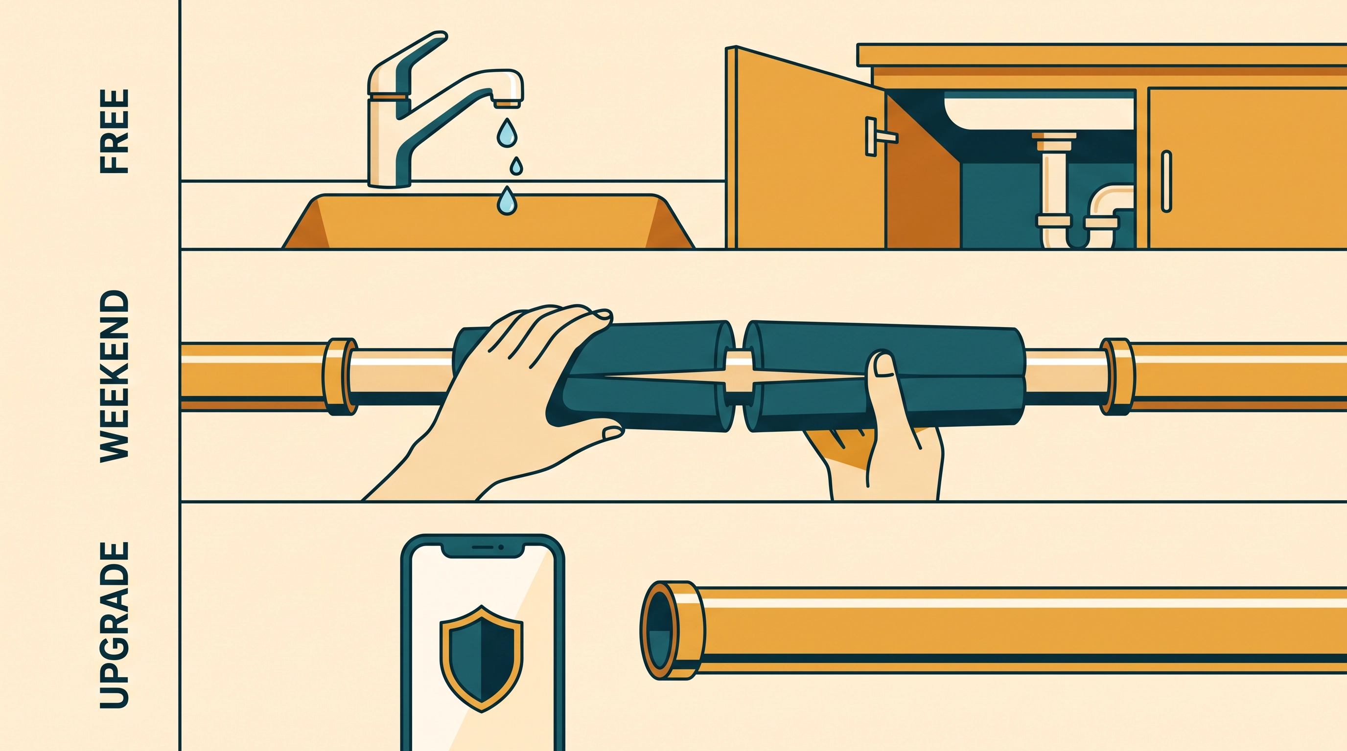 The prevention ladder in three tiers: free tonight (drip the faucet, open cabinets), cheap this weekend (insulation sleeves and heat cable), and the upgrades (smart monitoring and shutoff).