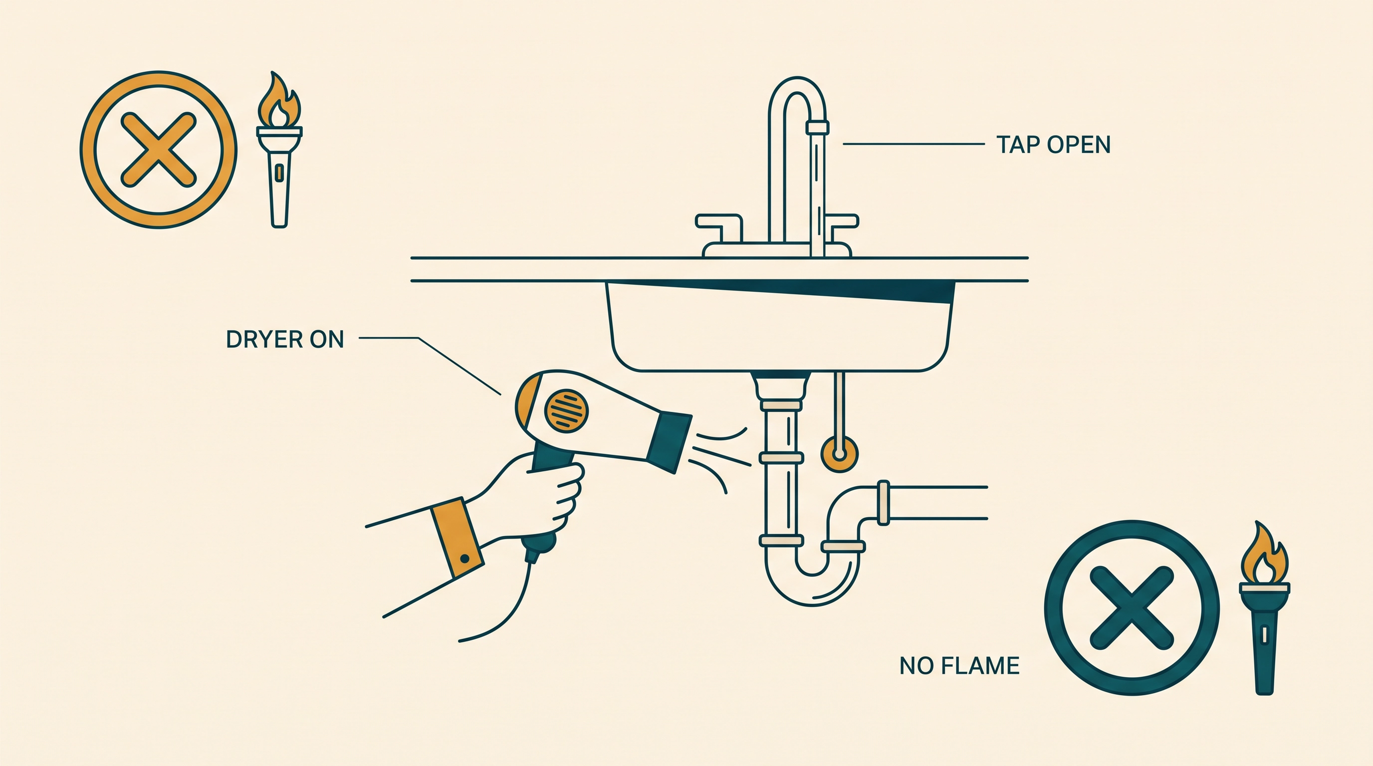 Thawing a frozen pipe safely: hair dryer on the exposed run with the tap open, and a crossed-out torch showing never to use open flame.
