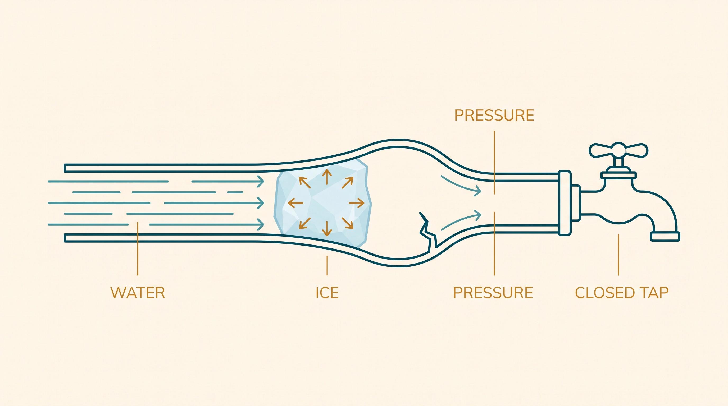 Diagram of a pipe in cross-section: flowing water on the left, an ice plug in the middle pushing outward against the wall, the pipe bulging and cracking between the plug and a closed tap on the right.