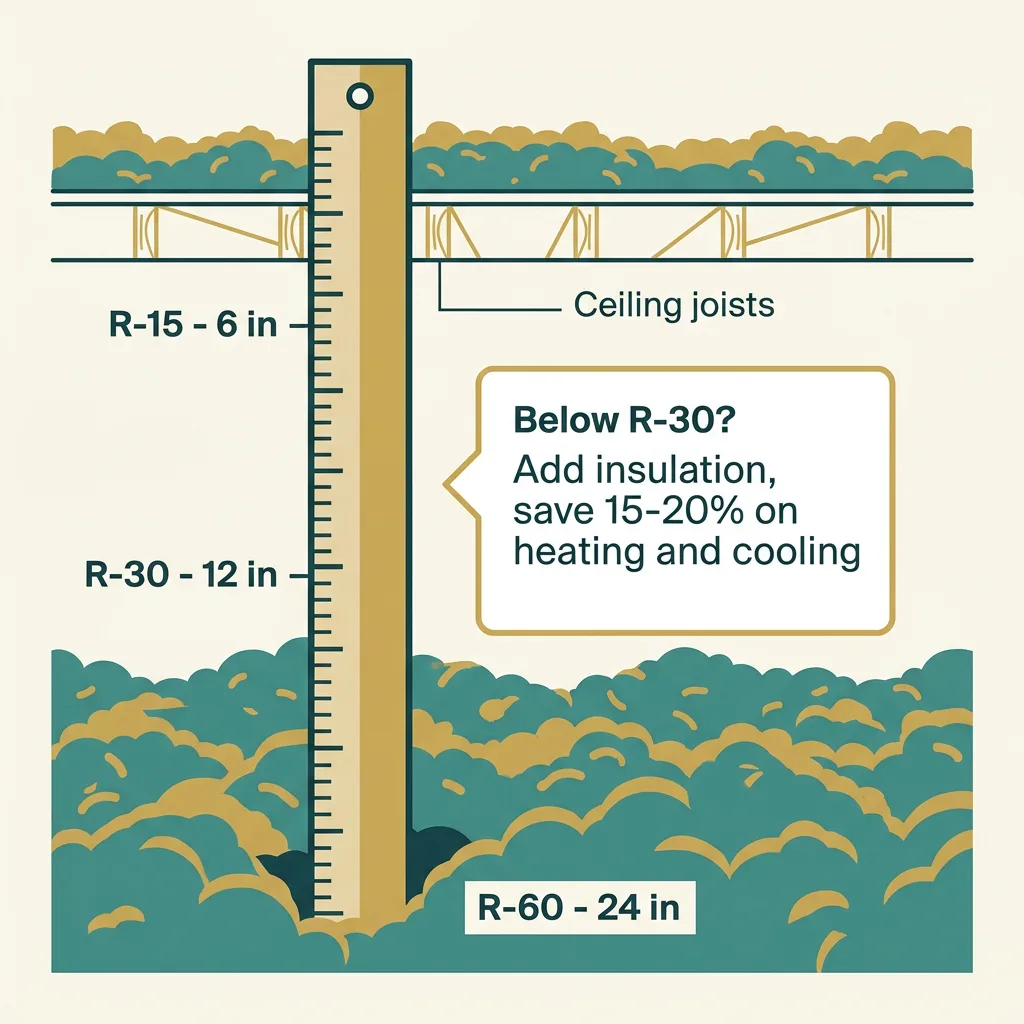 A ruler in attic insulation marking R-15 at about 6 inches, R-30 at 12 inches, and R-60 at 24 inches, with the ceiling joists just visible above an R-15 layer.
