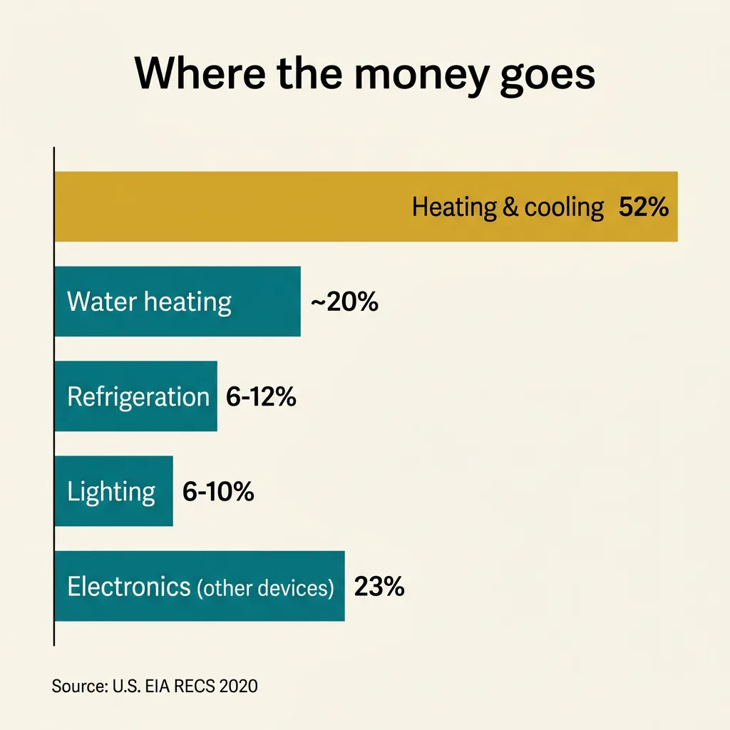 Bar chart of where home energy use goes: heating and cooling 52 percent (gold bar, EIA RECS 2020), electronics inside the 23 percent other-devices category, water heating about 20 percent, refrigeration 6 to 12 percent, lighting 6 to 10 percent (teal bars).