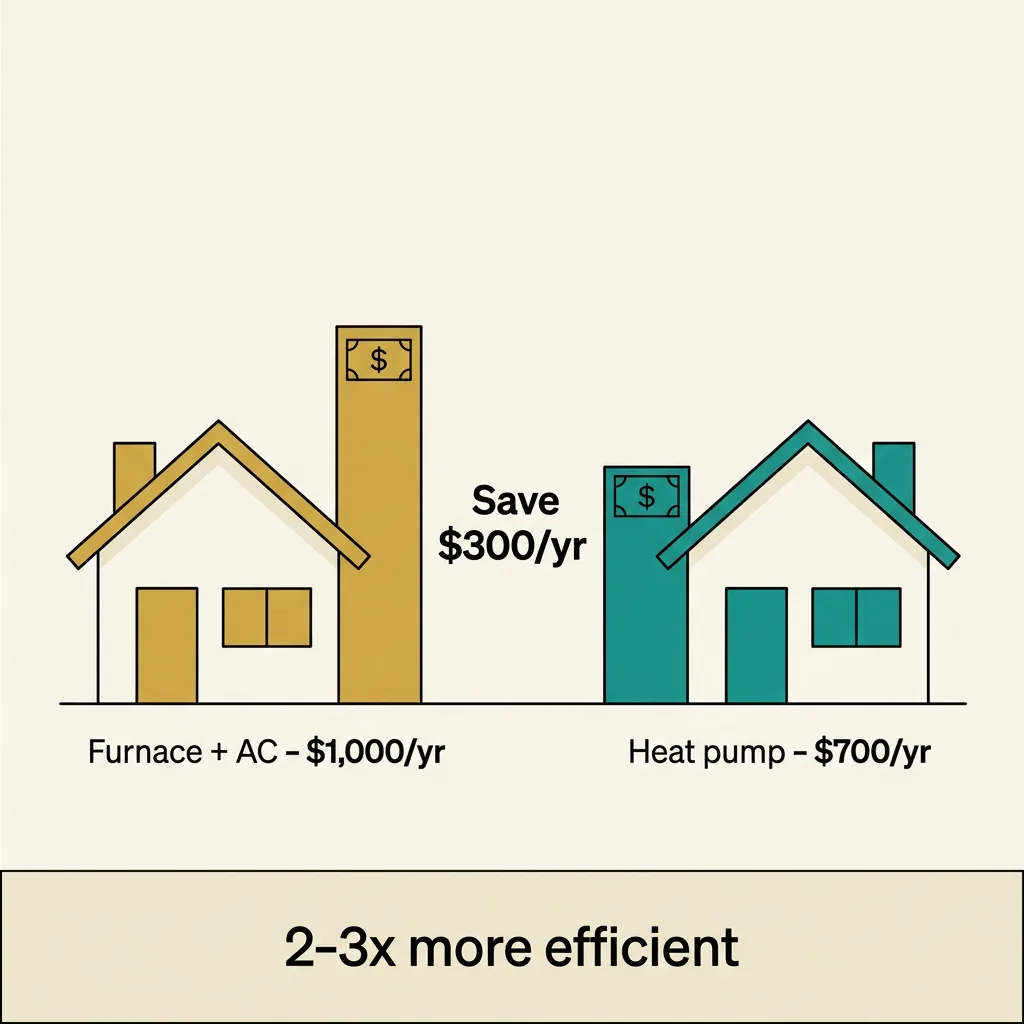 Annual cost comparison: a gas furnace plus AC home at 1,000 dollars a year versus a heat pump home at 700 dollars — 300 dollars apart, with the heat pump 2-3x more efficient.