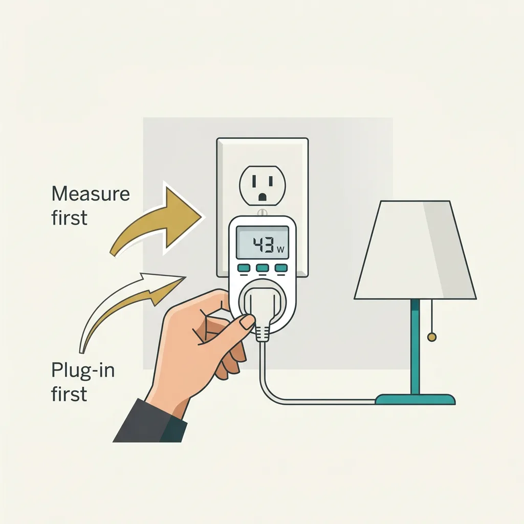 A hand plugging a Kill A Watt electricity meter into a wall outlet, its display reading 43 watts while a lamp runs through it.