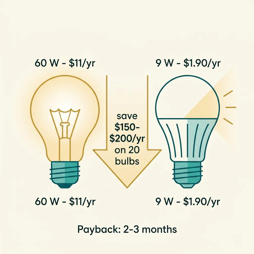 LED swap math: one 60-watt incandescent costs about 11 dollars a year to run, the 9-watt LED equivalent about 1.90 — saving 150 to 200 dollars a year across 20 bulbs with a 2-3 month payback.