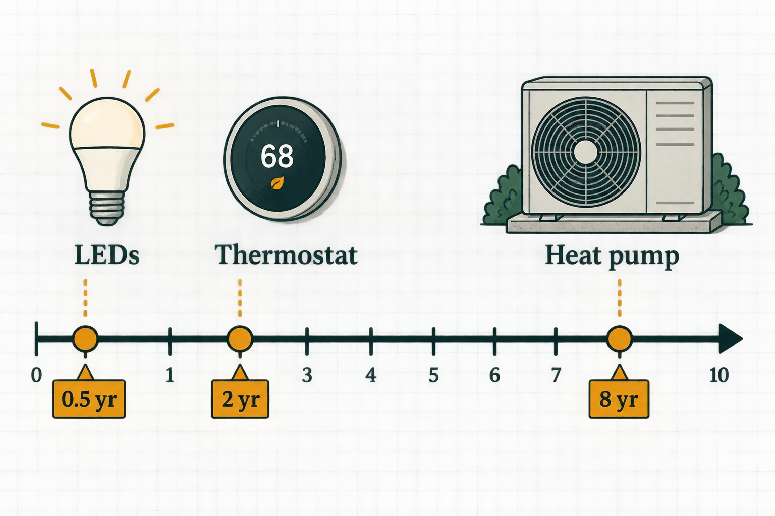 A timeline comparing the typical payback period for LEDs, a thermostat, and a heat pump.