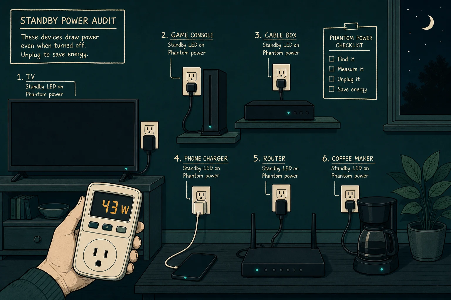 A nighttime home wall audit showing common plugged-in devices drawing standby power and a plug-in meter reading 43 watts.