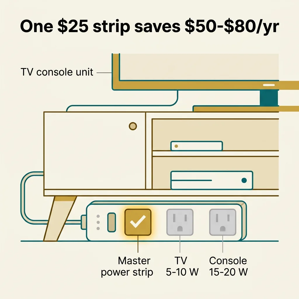 A smart power strip on an entertainment center: the master outlet marked with a check, the TV and game console outlets labeled with their 5-10 watt and 15-20 watt standby draws.