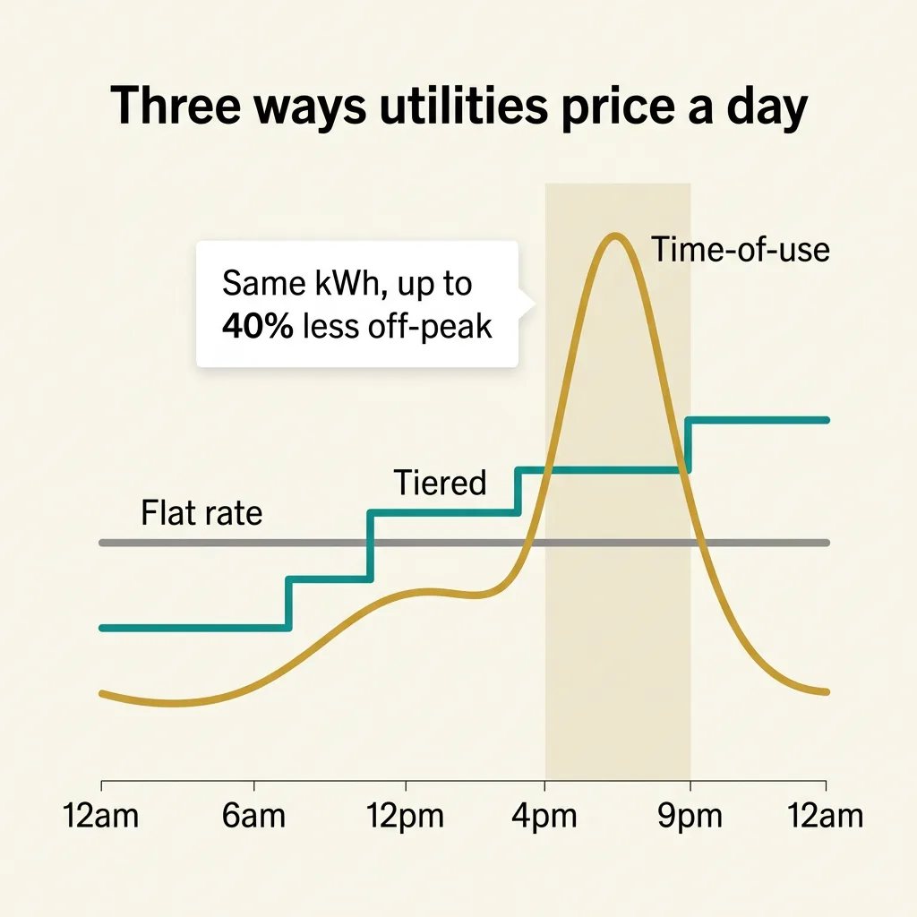 Three 24-hour electricity price curves overlaid — flat rate as a level gray line, tiered as a stepping teal line, and time-of-use as a gold line peaking sharply inside the 4pm-9pm shaded band.