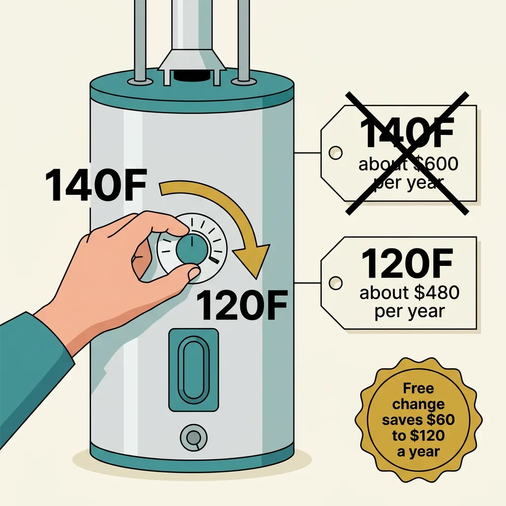 A water heater thermostat dial turned from 140F down to the DOE-recommended 120F, with the annual cost dropping from about 600 dollars to about 480 — a free change saving 60 to 120 dollars a year.