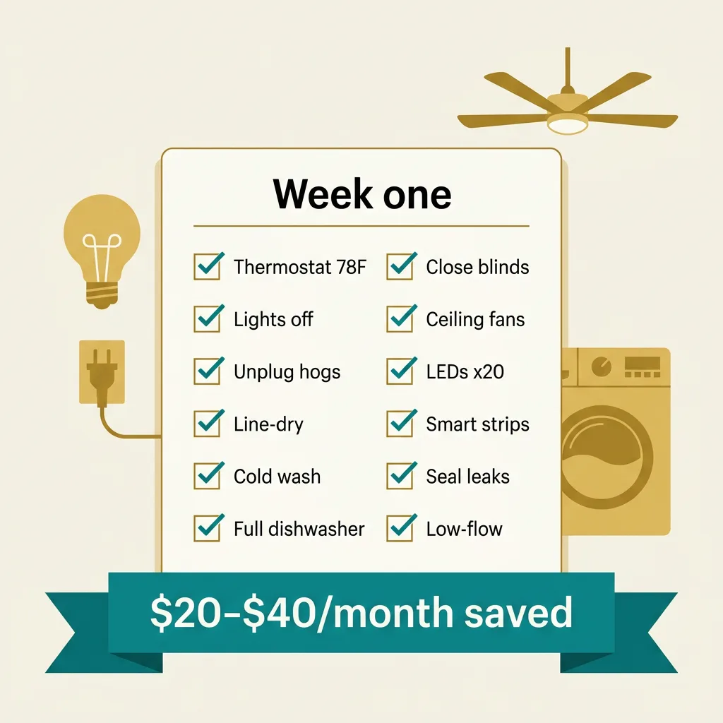Week-one checklist card: twelve checked actions from the thermostat setback to low-flow fixtures, totaling 20 to 40 dollars a month saved.