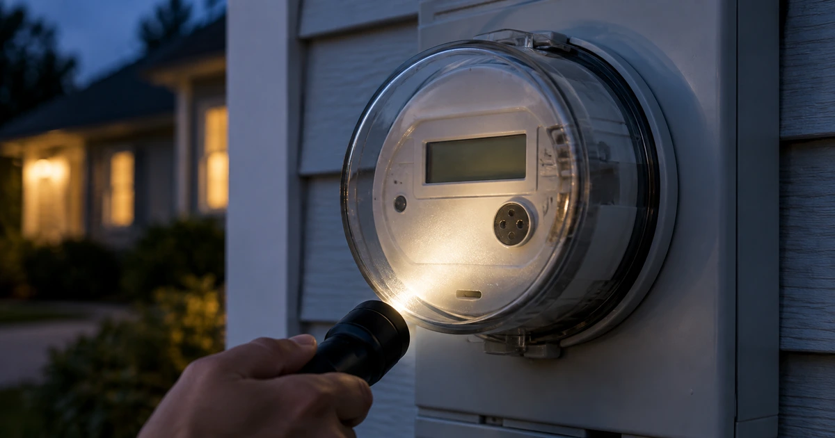 A close-up of a digital electric meter with a hand holding a flashlight to the display, illustrating the diagnostic process for checking power draw.
