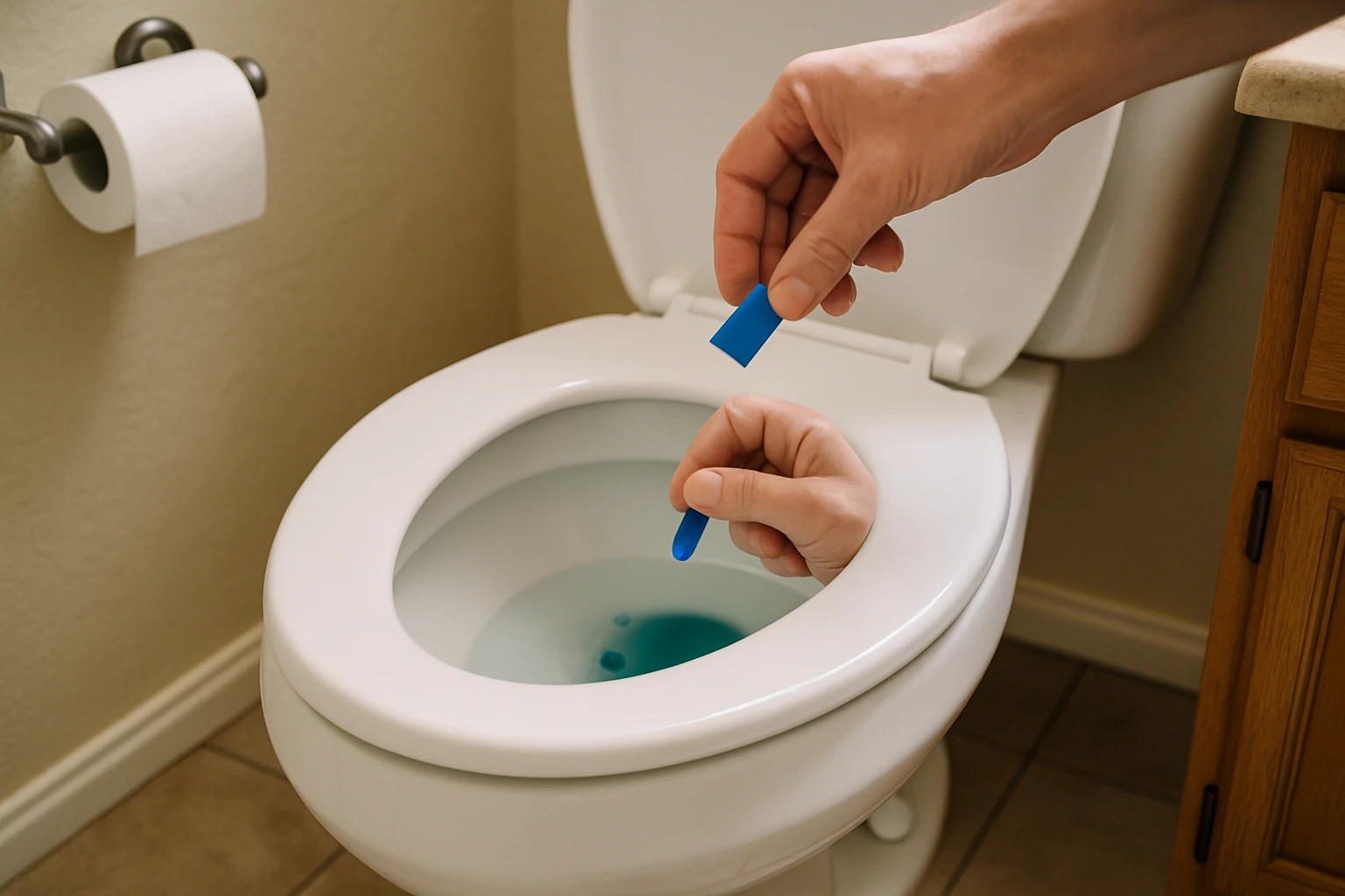 Bathroom toilet tank with a visible flush handle