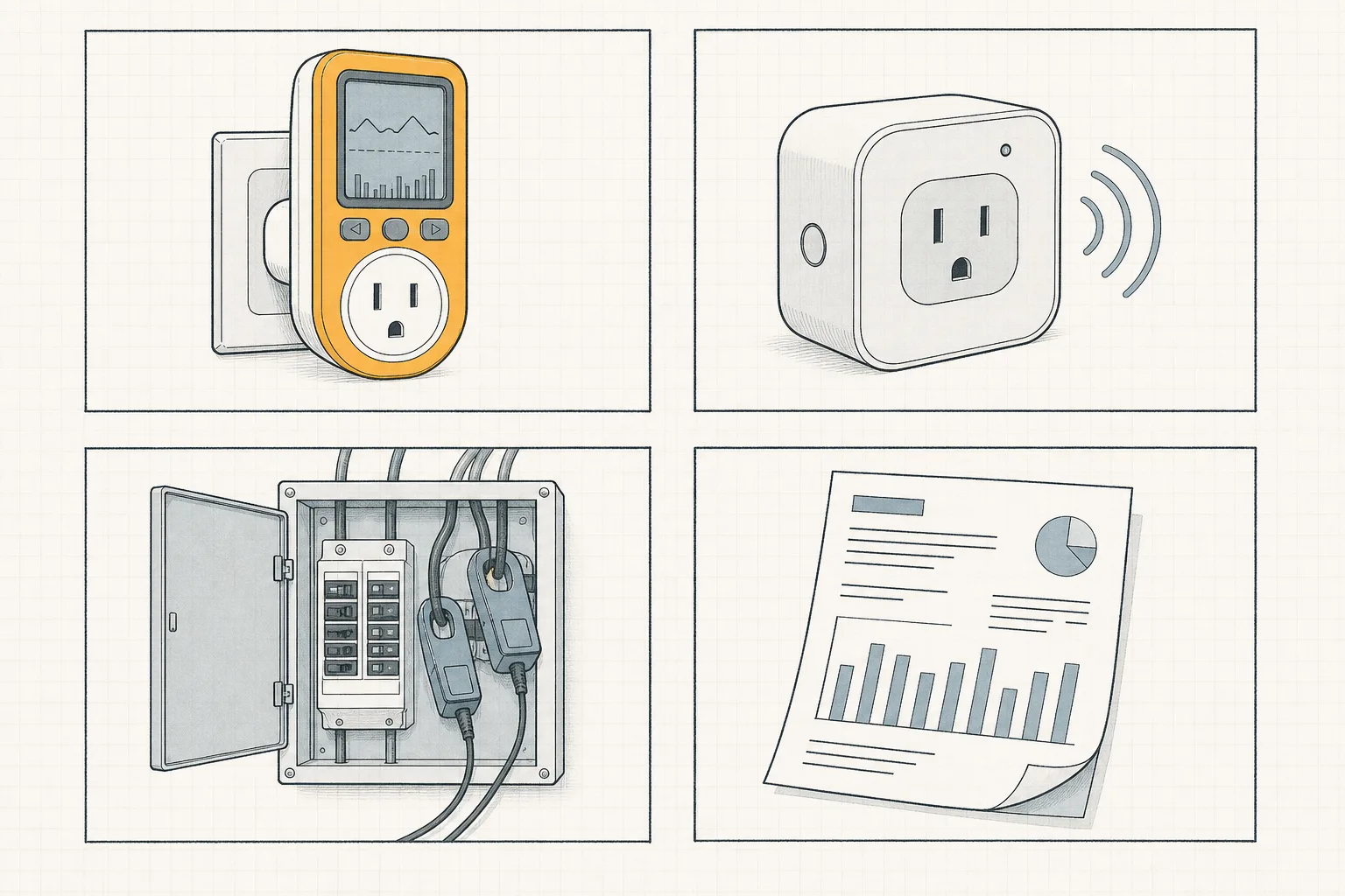 Line illustration of a four-frame grid: a handheld plug-in meter, a smart plug with signal arcs, an electrical panel with clamps, and a utility bill with a bar graph.