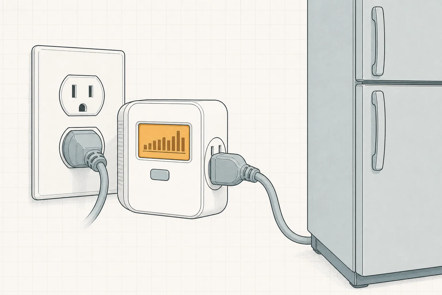 Technical line illustration of a plug-in electricity usage meter sitting between a wall outlet and an appliance plug, with a small display reading a number, in charcoal lines on graph paper with one amber accent.