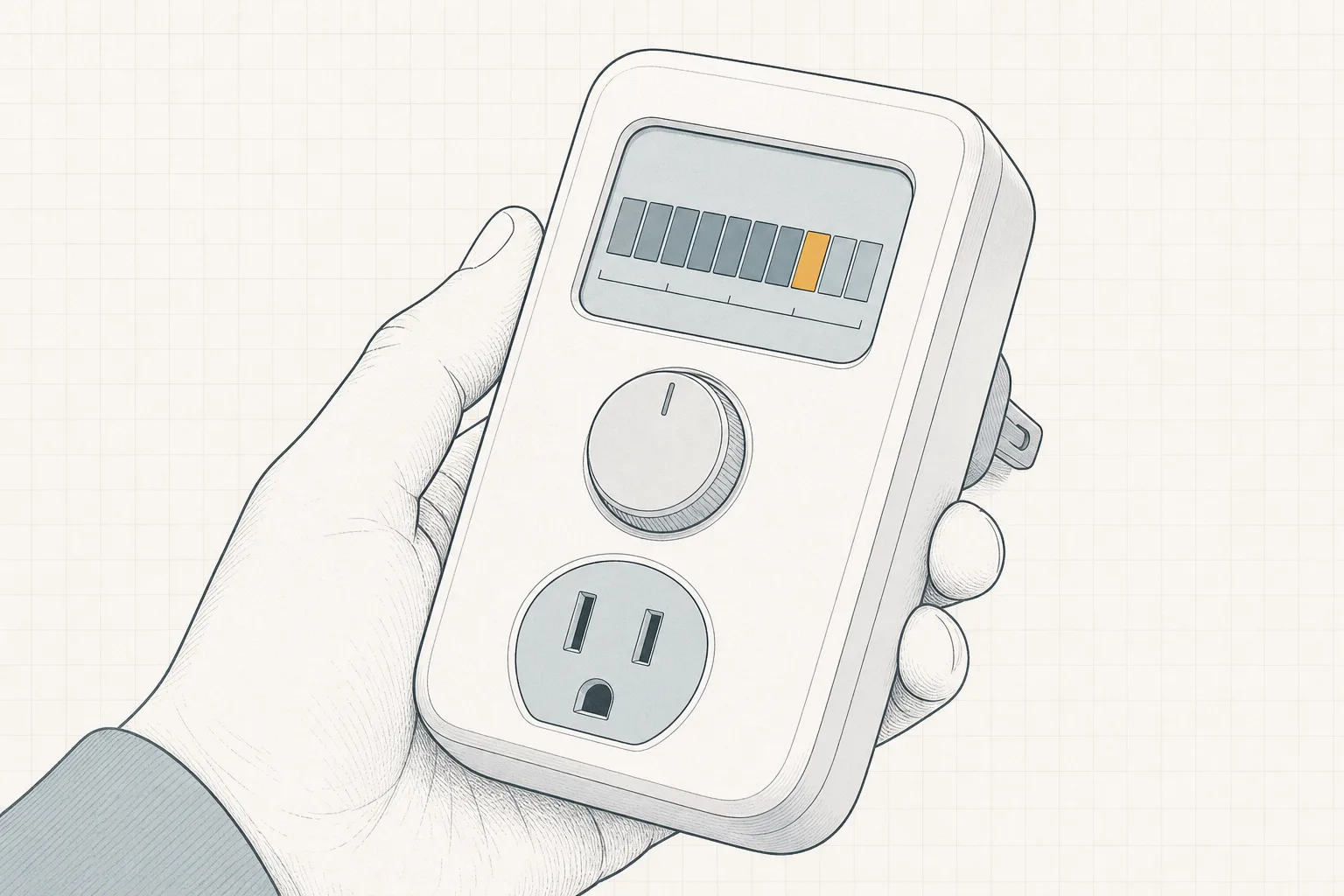 Line illustration of a plug-in meter's face with a segmented bar display and a dial, held tilted for reading.