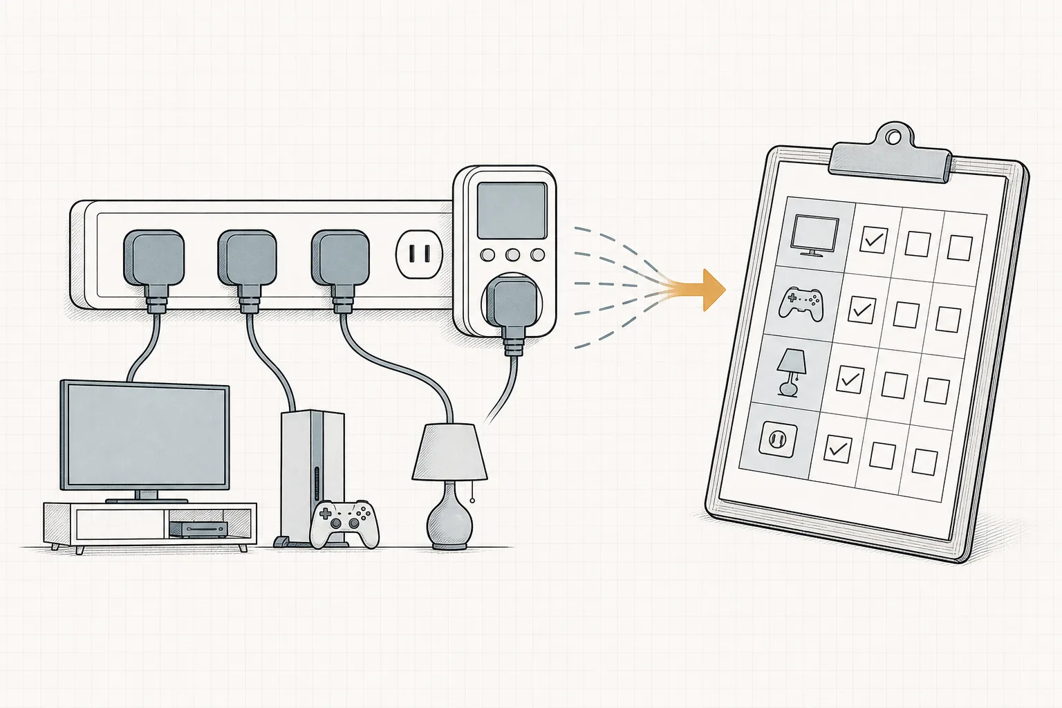 Line illustration of a power strip with three devices and one plug-in meter, arrows flowing toward a clipboard checklist.