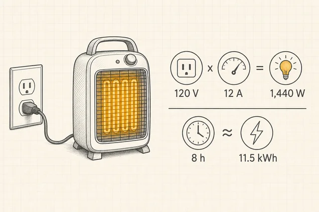 Chalkboard-style arithmetic panel with a wall-outlet icon: 120 V × 12 A = 1,440 W, and about 11.5 kWh over 8 hours.