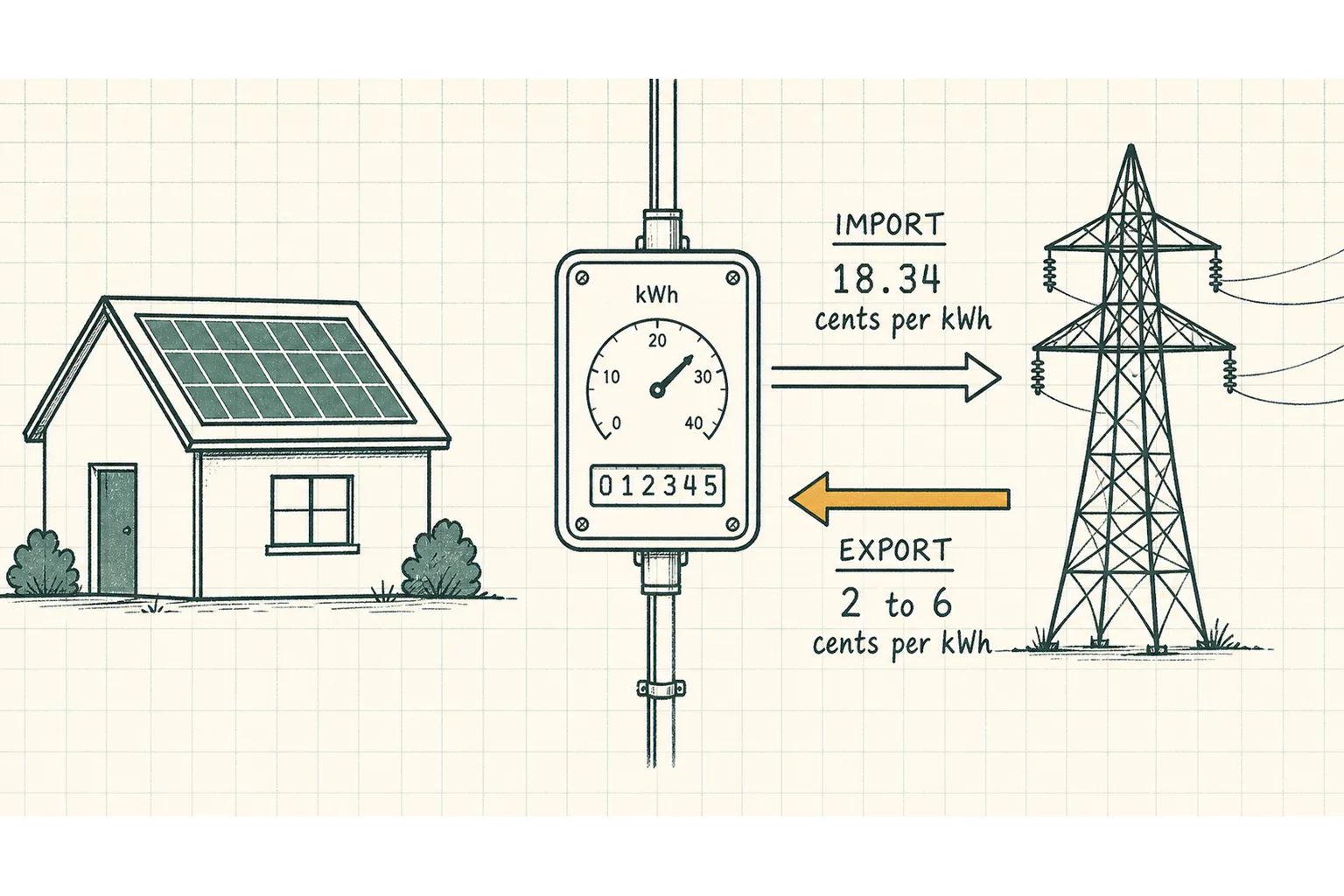 Net metering flow diagram: the utility meter records imported electricity at the retail rate of about 18 cents per kWh while exported solar earns only the much lower export rate.