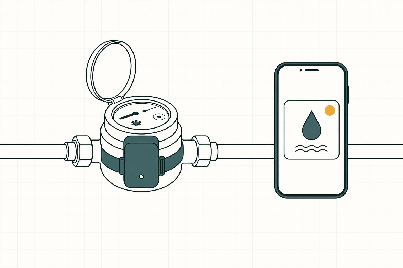 Residential water meter wearing a strap-on monitor while a phone receives a water-drop alert notification.