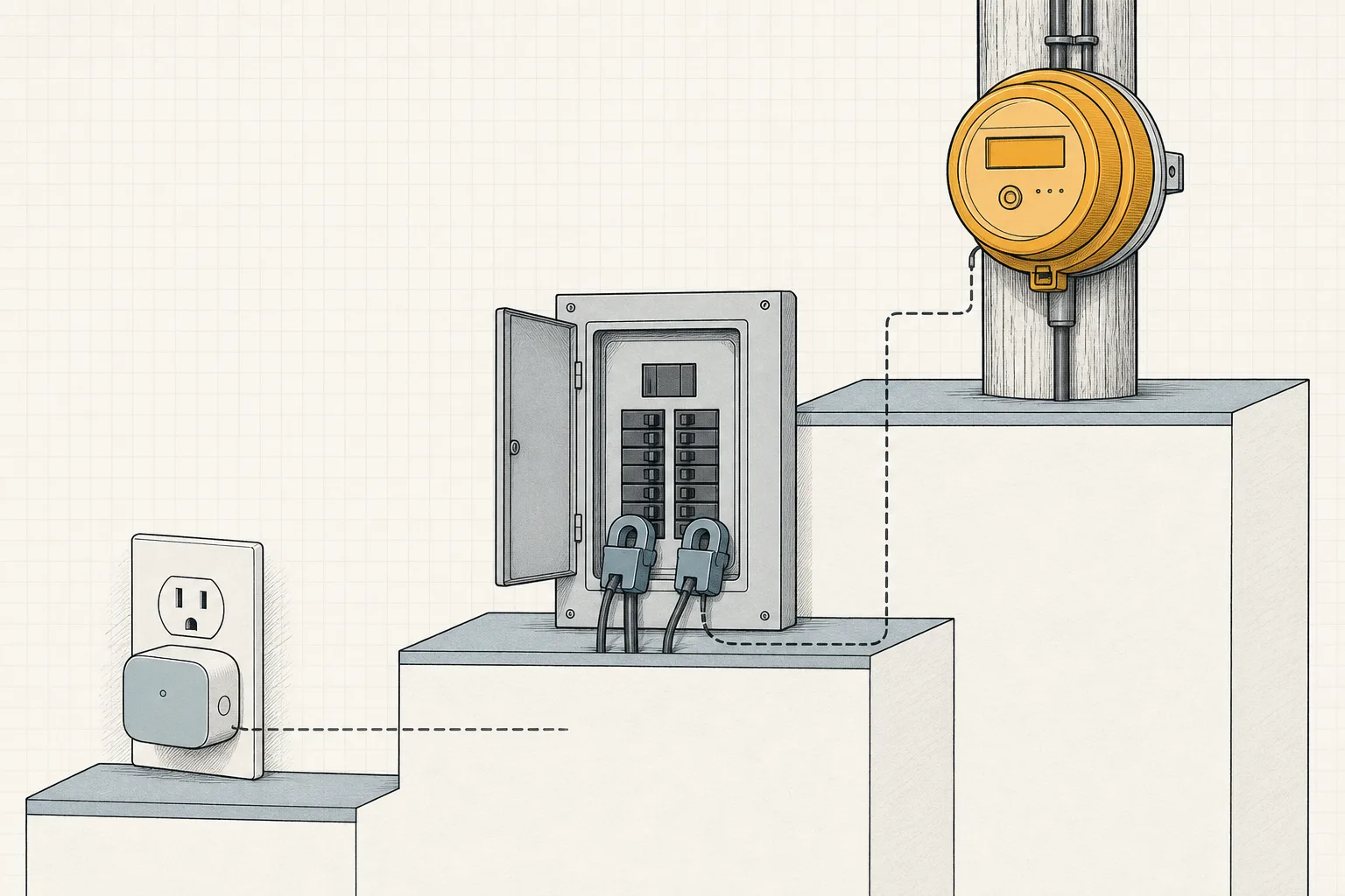 Line illustration of a three-step ladder: a smart plug on the bottom step, an electrical panel with clamp sensors on the middle step, and a utility smart meter on the top step.