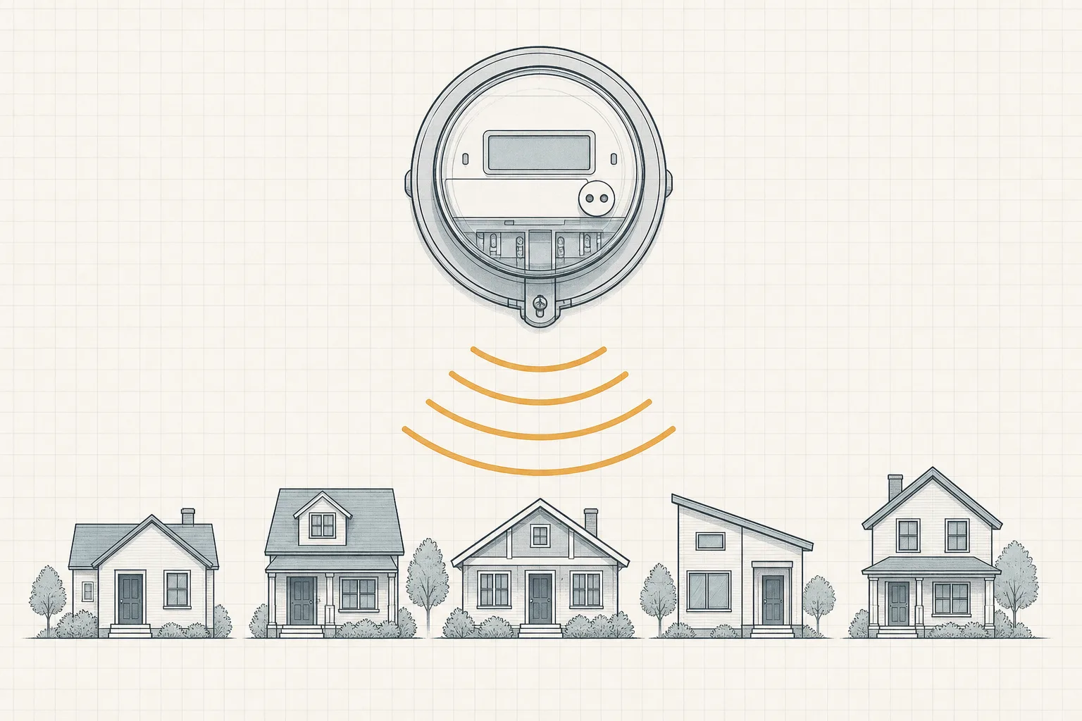 Line illustration of a utility smart meter sending wireless signal arcs across a row of house silhouettes.