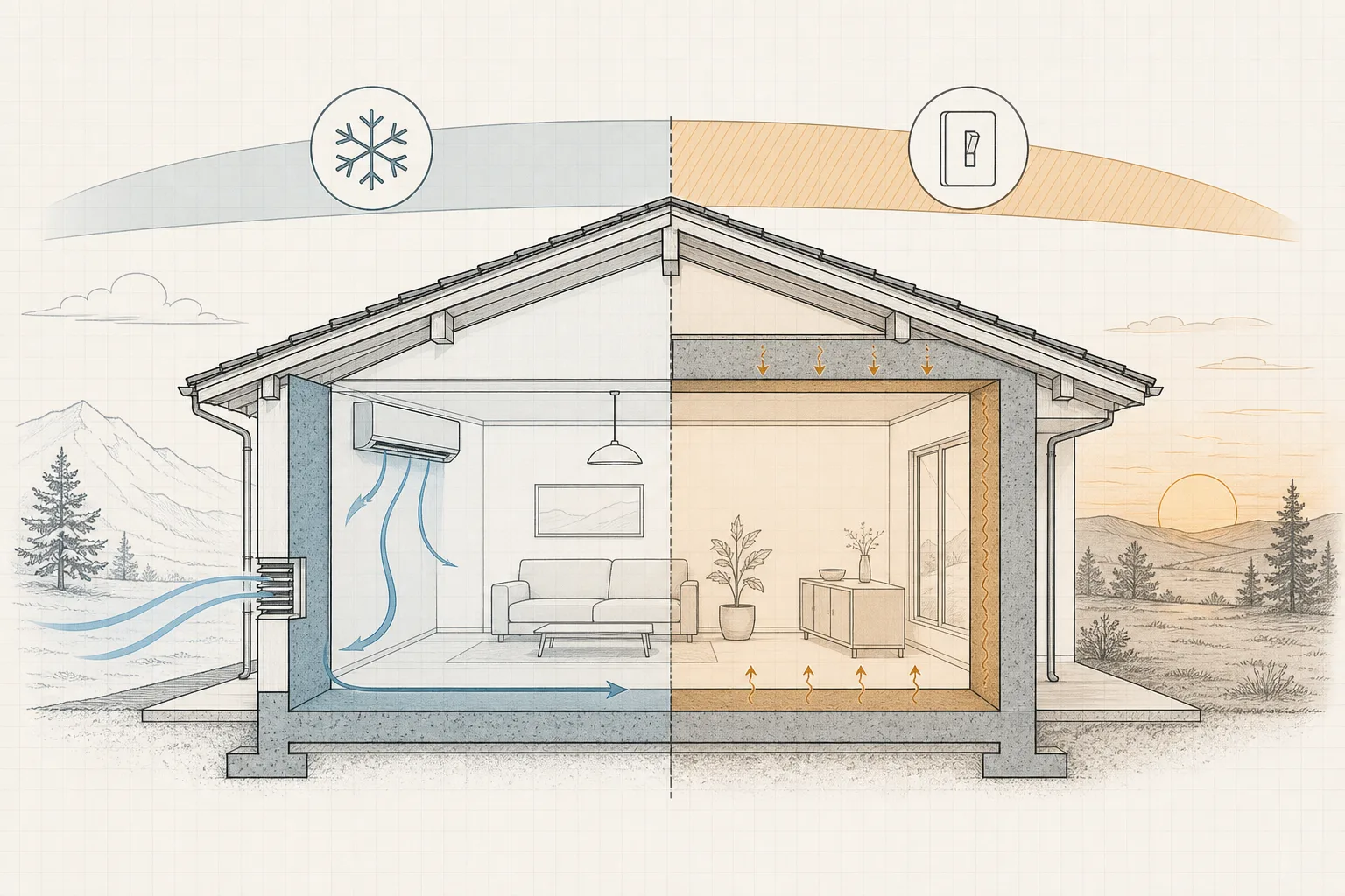 Line illustration of a house cross-section pre-cooled in cheap hours, its shaded walls holding comfort through the striped expensive evening while the air conditioner switch sits open.