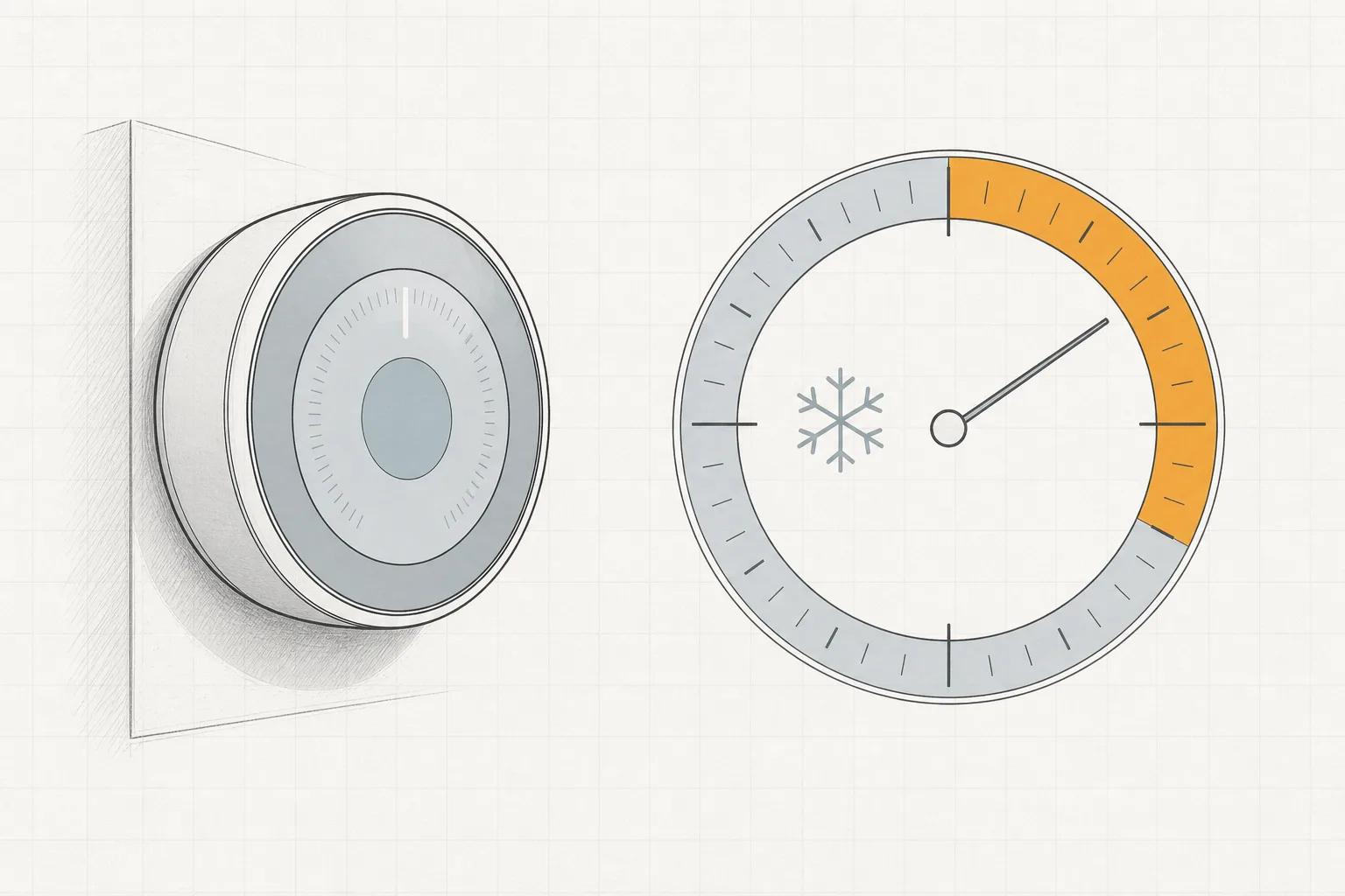 Technical line illustration of a round smart thermostat on a wall beside a 24-hour dial with one shaded peak-pricing arc, in charcoal lines on graph paper with one amber accent.
