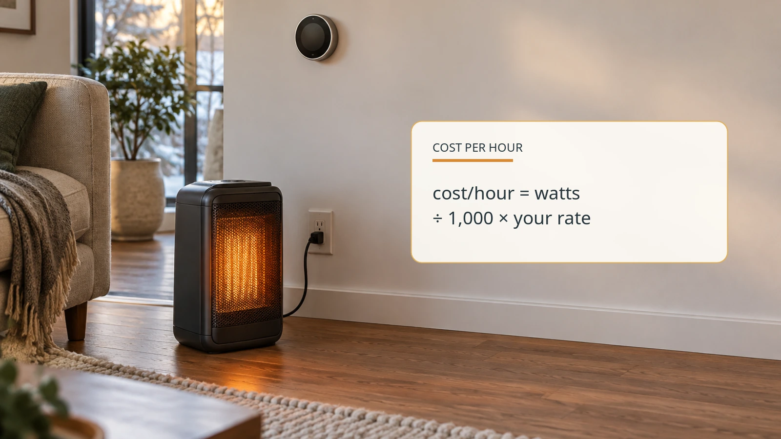 Editorial photograph of a portable space heater beside a wall thermostat, with a watts-to-dollars cost formula.